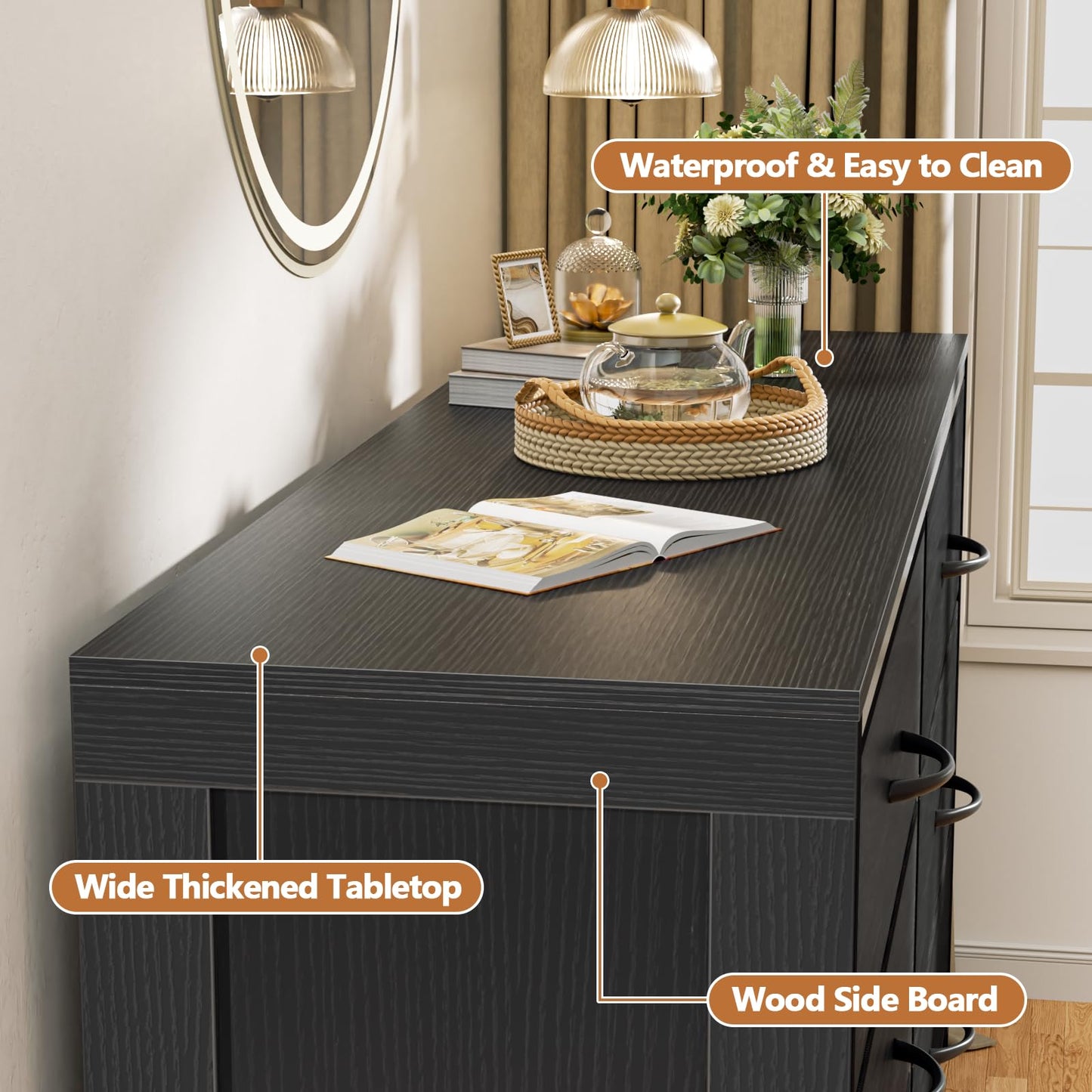 Black Dresser for Bedroom, 6 Drawer Dresser for Closet, TV Stand Entertainment Center for Living Room, Wooden Top and Side Large Fabric Drawer Storage Organizer, Chest of Drawer, Wide Furniture