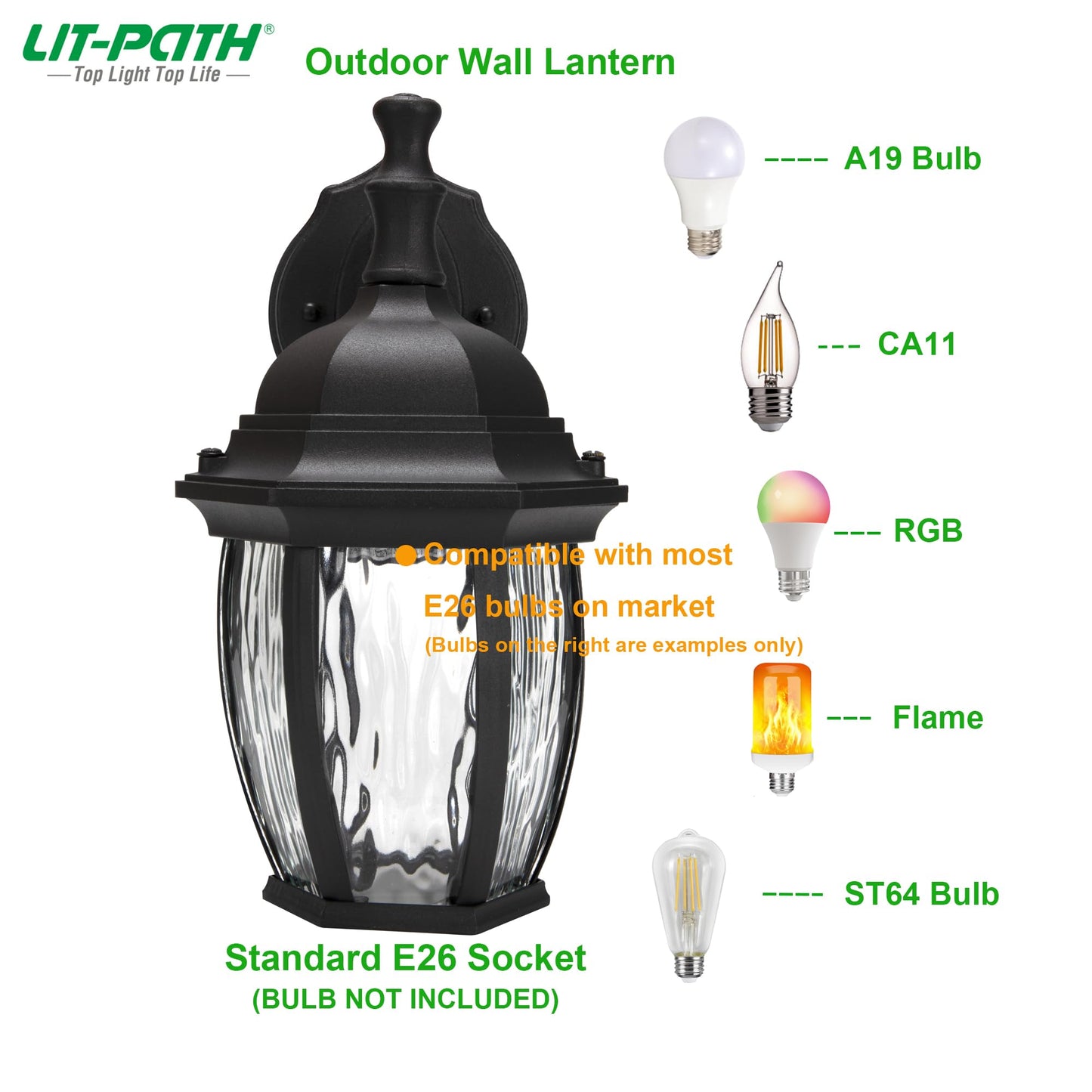 LIT-PaTH Outdoor Wall Lantern, Wall Sconce as Porch Lighting Fixture with E26 Medium Base Max 60W, Aluminum Housing with Glass Shade, Matte Black Finish