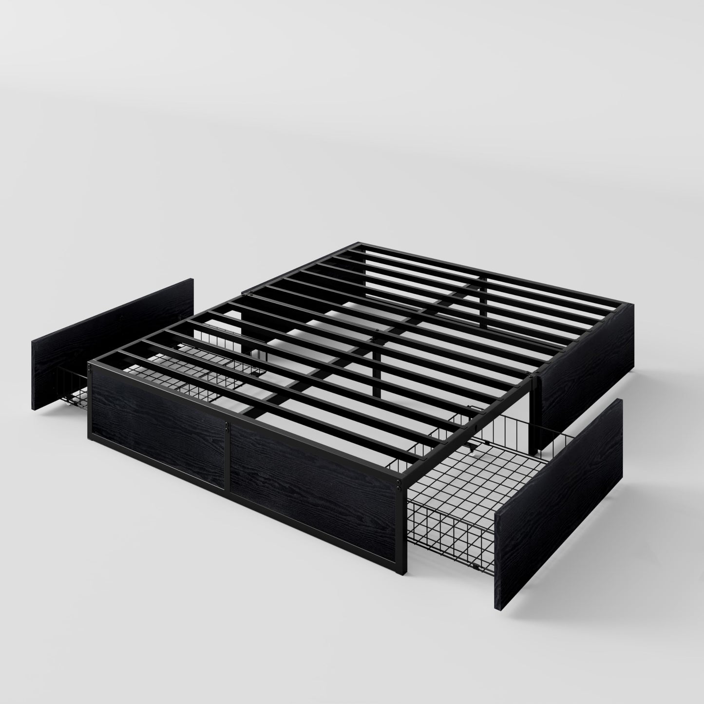 SHA CERLIN Queen Platform Bed Frame with 2 Large Storage Drawers, Rustic Wood and Metal, Noise-Free, Easy Assembly, No Box Spring Needed, Black