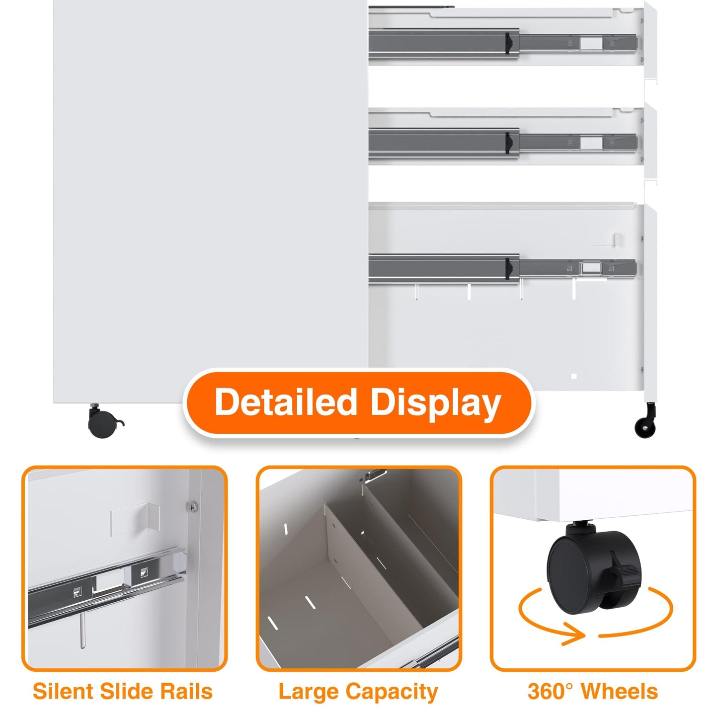 Reemoon 3 Drawer Metal Rolling File Cabinet with Lock, Under Desk Mobile Filing Storage Cabinet for Home Office School, Required Assembly, White