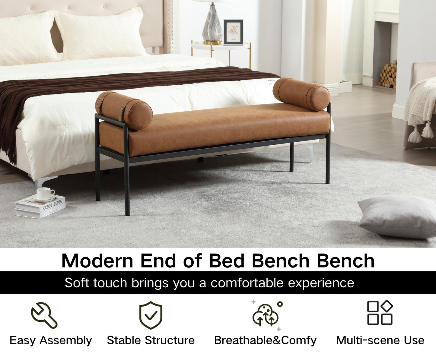Shunzhi Brown Leather Modern End of Bed Bench Upholstered Entryway Bench with Detachable Cylindrical Pillows/Metal Legs PU Ottoman Bench for Living Room/Bedroom/Hallway/Corner, 55Inch