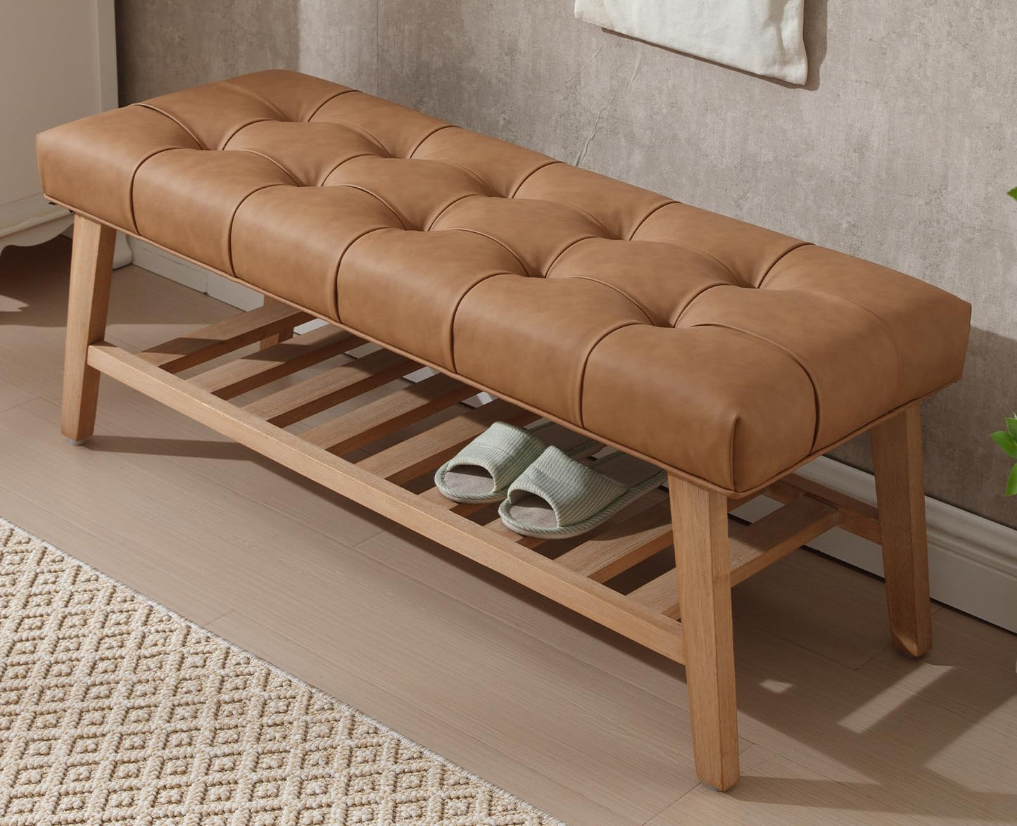 chairus Entryway Bench 2-Tier Shoe Bench Upholstered PU Leather Storage Ottoman Bench Button-Tufted End of Bed Bench with Solid Wood Shelf for Living Room, Bedroom, Hallway, Brown