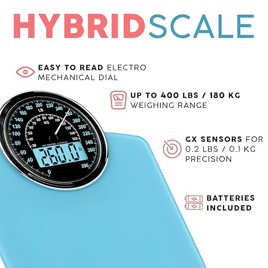 Adamson Hybrid 2-in-1 Analog & Digital Weighing Scale for Body Weight up to 400lbs + Thick Tempered Glass + Extra Large Display + Easy to Read Digital Bathroom Scale + New - Light Blue