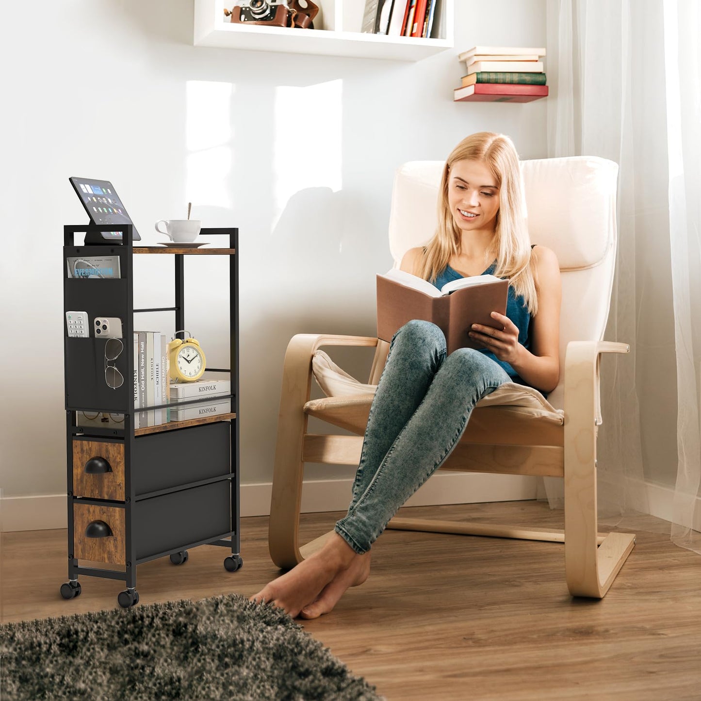 Oppro Small Narrow Side End Table with Drawer for Small Spaces, Slim Nightstand Bedside Sofa Table with Wheels, Space Saving Skinny Thin Couch Coffee Desk with Storage Bag for Bedroom Living Room