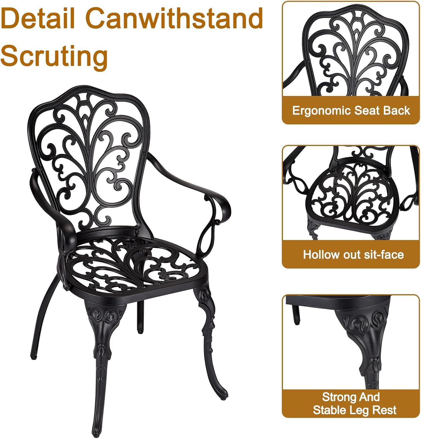 GarveeHome 3 Piece Outdoor Bistro Set, Cast Aluminum Patio Table and Chairs Set of 2 with Umbrella Hole, Rust-Resistant All Weather Balcony Furniture for Backyard, Porch, Black