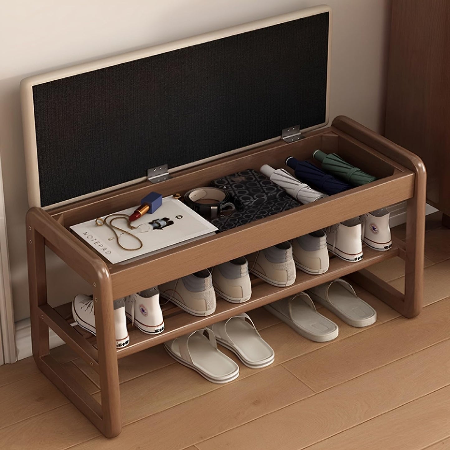 Solid Wood Bench, Entryway Shoe Bench with Cushion, 2-Tier Shoe Racks Bench, Modern Shoe Rack with Flip Top Storage Space, Shoe Organizer for Entryway, Living Room, Hallway, Bedroom