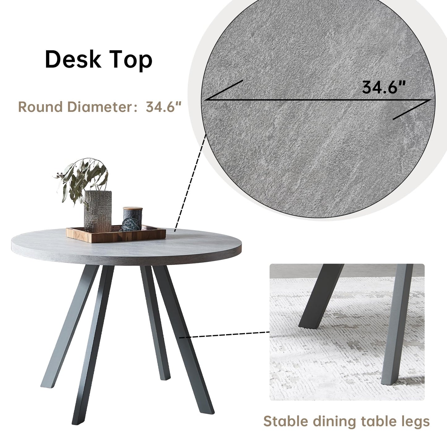 Zerifevni 34.6'' Round Dining Table and Chairs for 4, Mid Century Modern Round Table Set, Space Saving for Apartment Kitchen Dining Room (Grey Table+4 White Chairs)