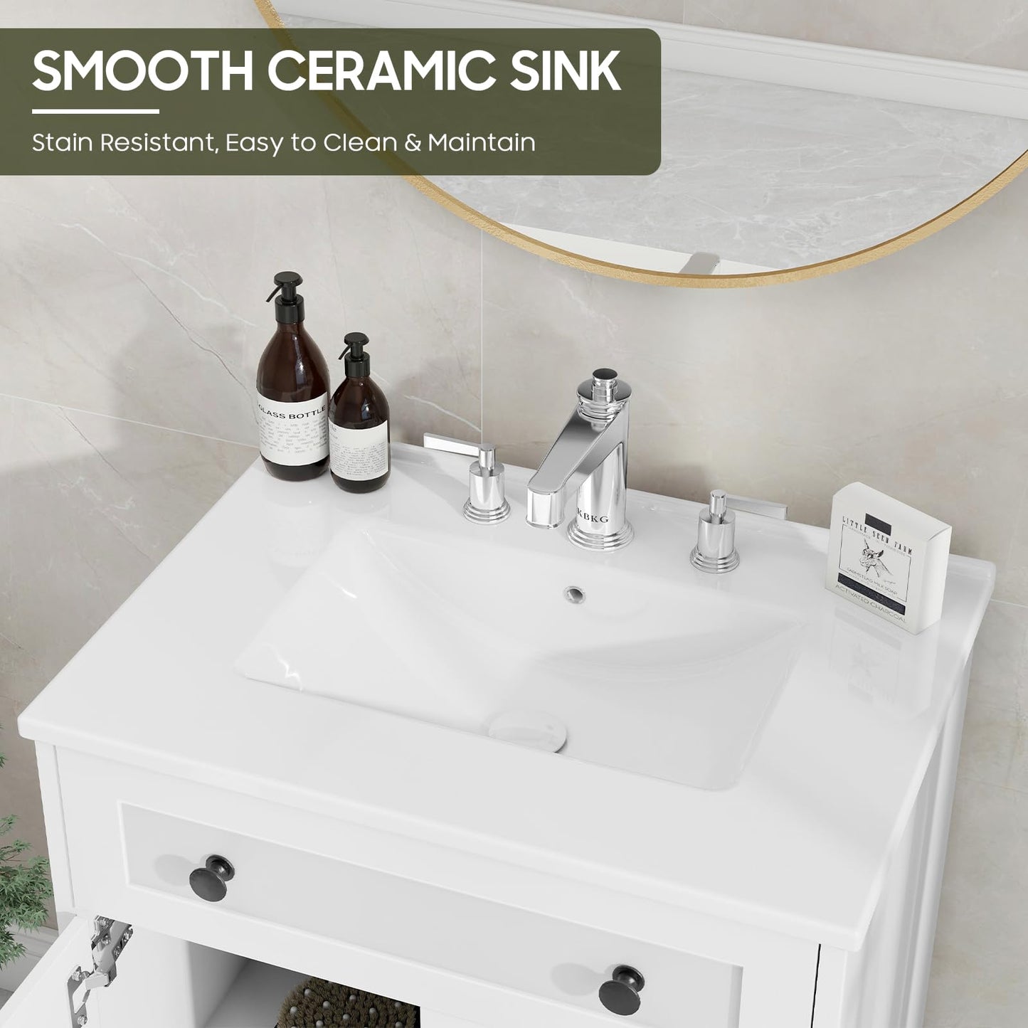 Vabches Bathroom Vanity with Sink Set, Modern Bathroom Cabinet with Flip Drawer and Doors, Freestanding Storage Cabinet with Shelf, Vintage Vanity with Ceramic Sink, White