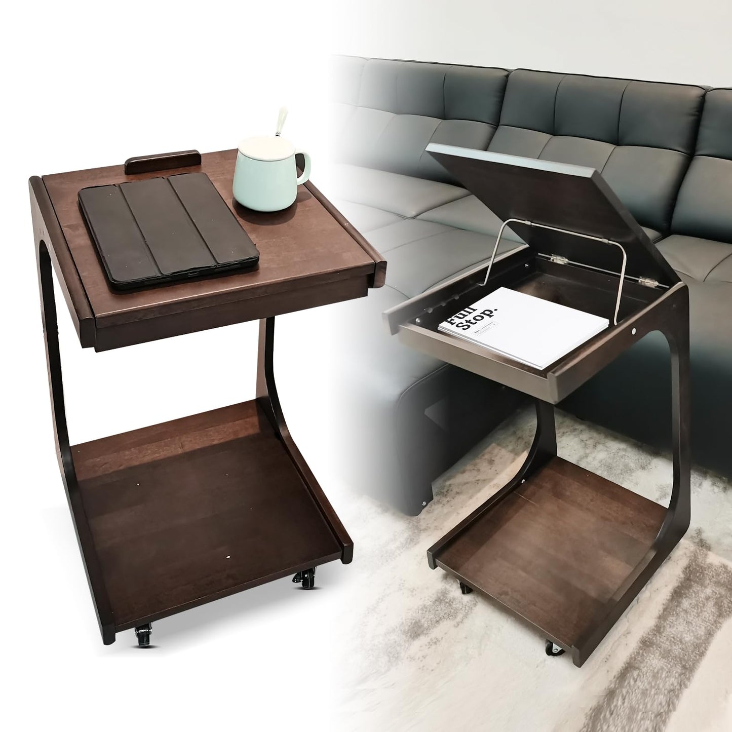 Solid Wood C Shaped End Table,Wooden Side Tables for Couch with Rolling Wheels, Adjustable Desktop TV Tray Table for Narrow Living Rooms Bedrooms & Small Spaces - Compact Sofa sode & Bedside Tables