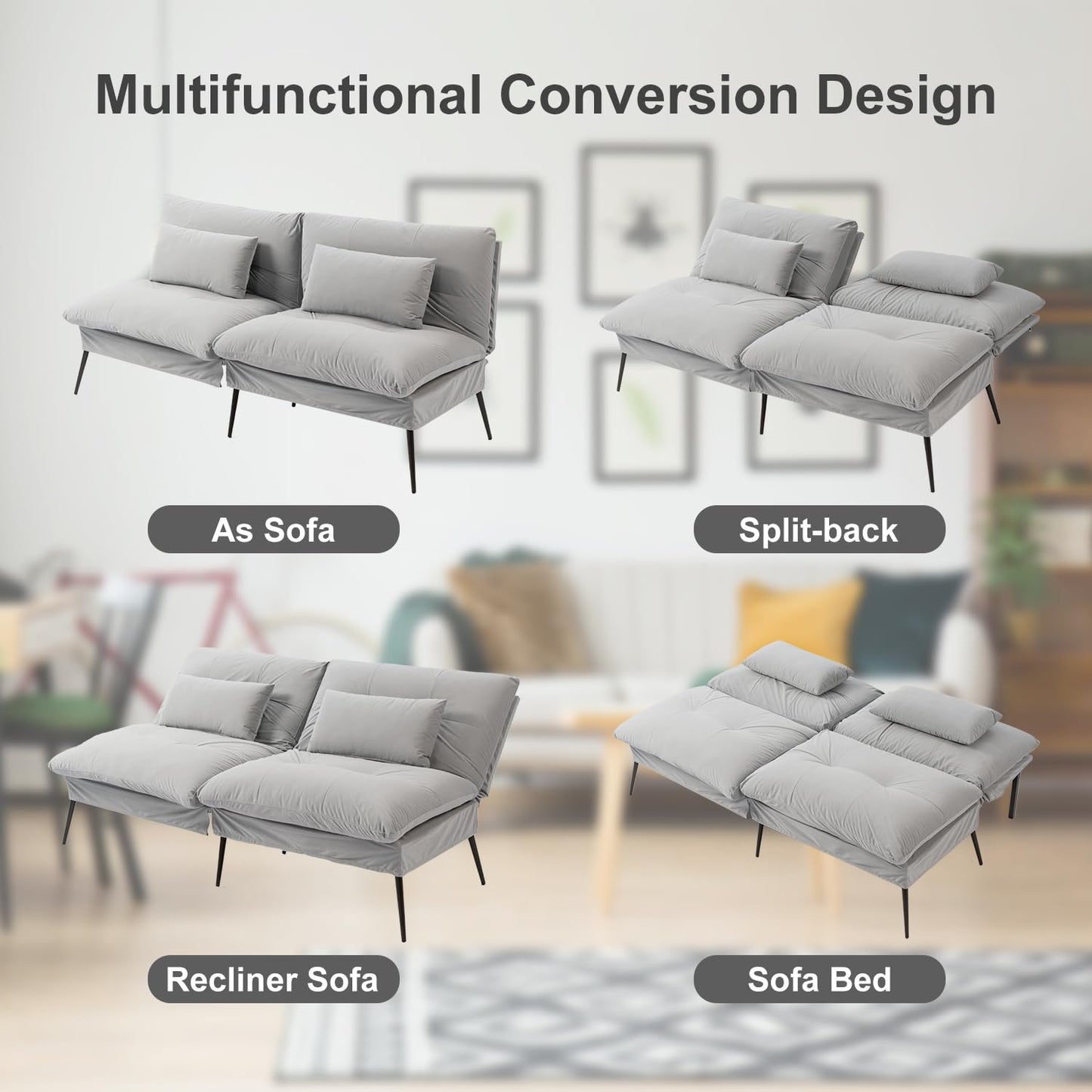 BRTHORY 3 in 1 Convertible Sofa Bed, Multi-Functional Futon Couch with Adjustable Backrest, Fabric Couch Sleeper Guest Bed for Loveseat Recliner Living Room,Light Grey