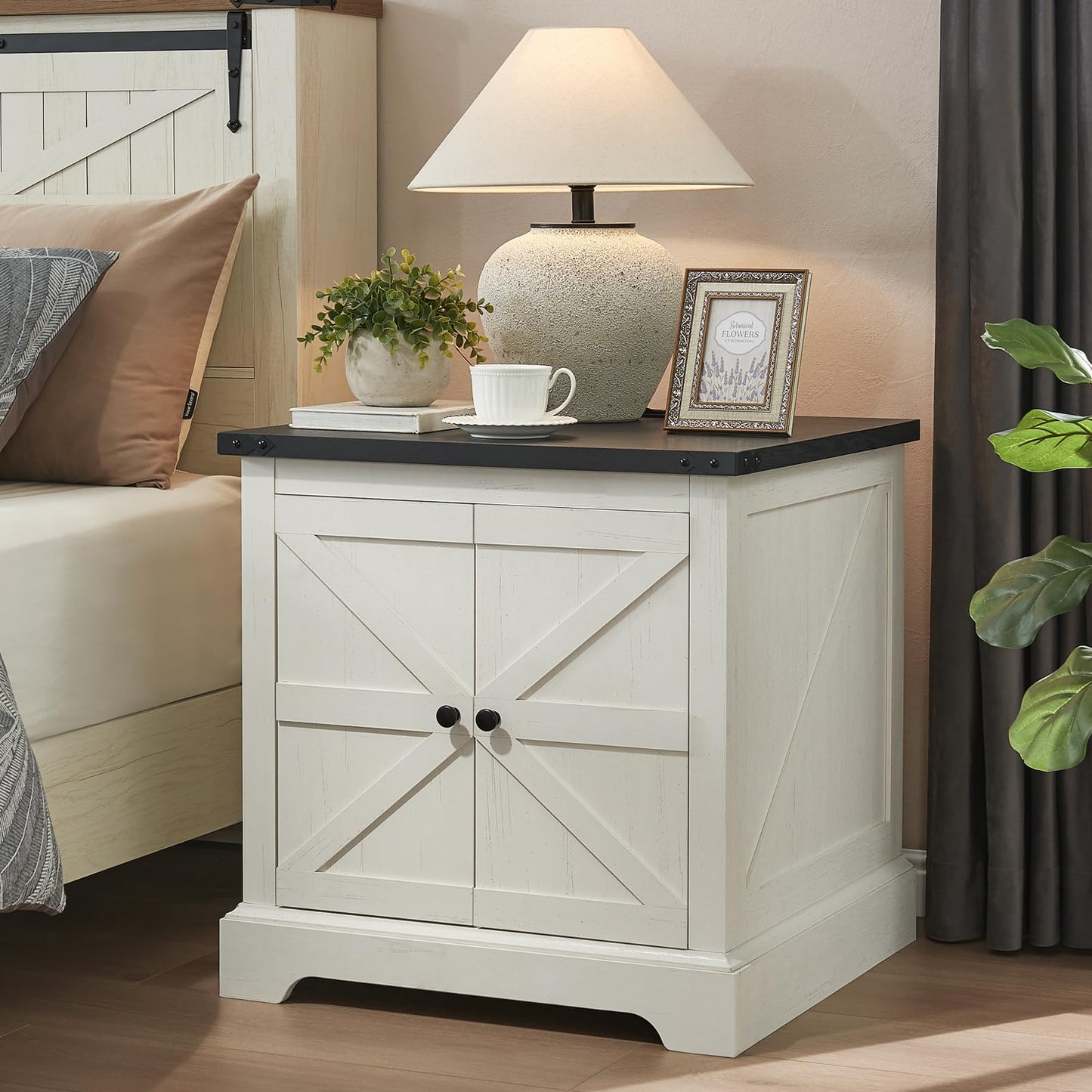 QUW 24" End Table Set of 2 with Charging Station, Side Table with Barn Door and Adjustable Shelves, Farmhouse Bedside Table, Nightstand for Bedroom, Living Room, White