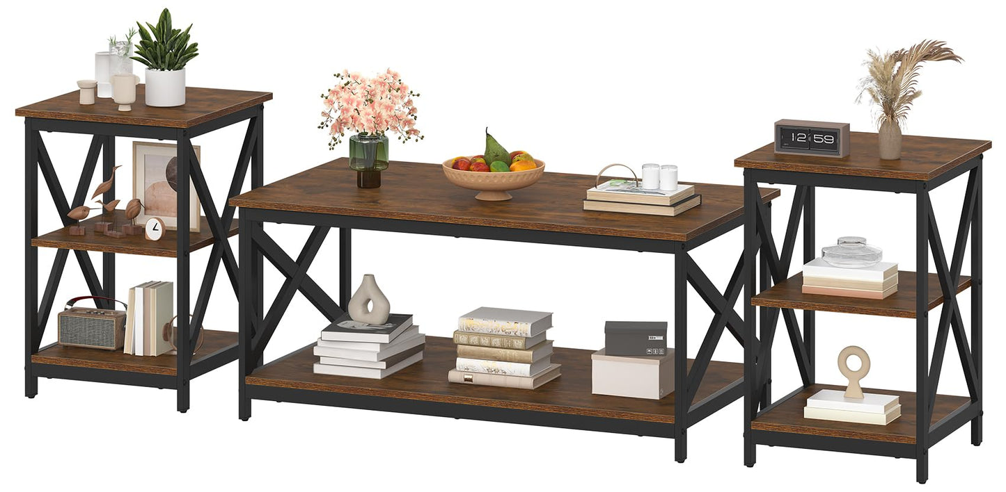 Bigbiglife Living Room Coffee Table Set of 3, Industrial X-Design Coffee Table and 2 End Side Tables, 3 Piece Living Room Table Set with Large Storage for Apartment Home (Dark Rustic Brown)