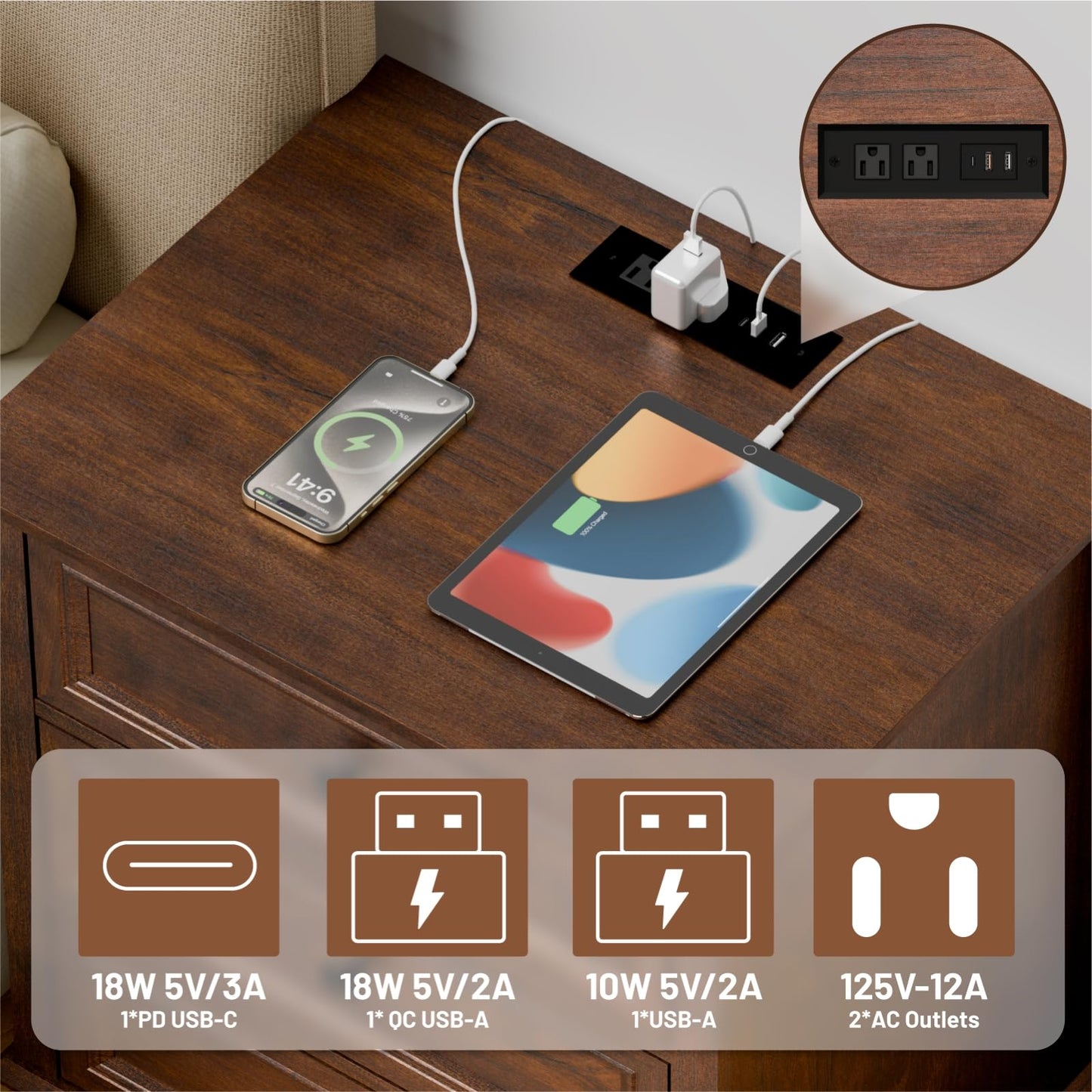Nightstand with Charging Station, 24” Wide End Table with 3 Drawers, Modern Bedside Table with Storage, Wood Small Dresser for Bedroom Living Room. (Cherry)