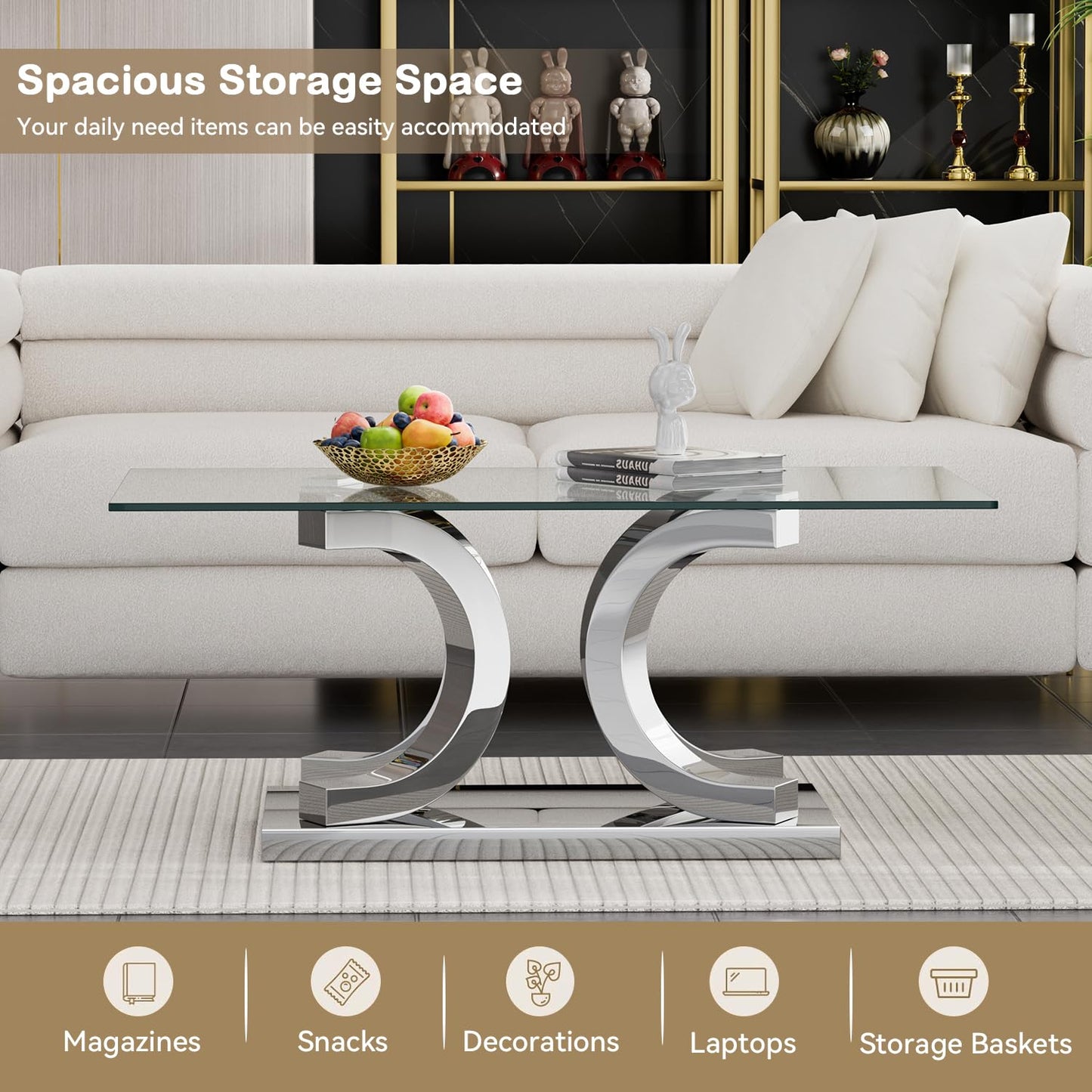 Glass Coffee Table with Silver C-Shaped Stainless Steel Base, Modern 47" Rectangular Center Table Clear Glass Top Accent Cocktail Tea Table for Living Room Bedroom Home Office