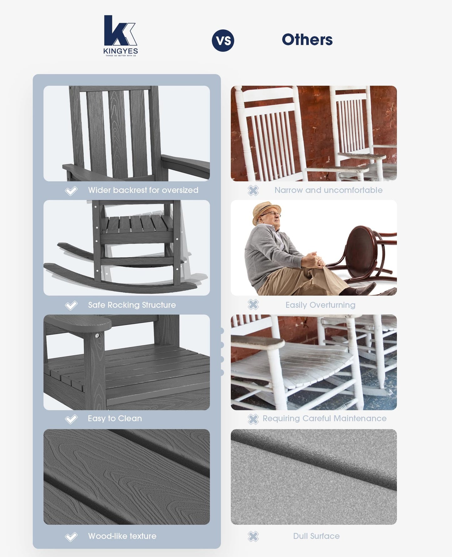 KINGYES Oversized Outdoor Rocking Chairs Set of 2, Grey