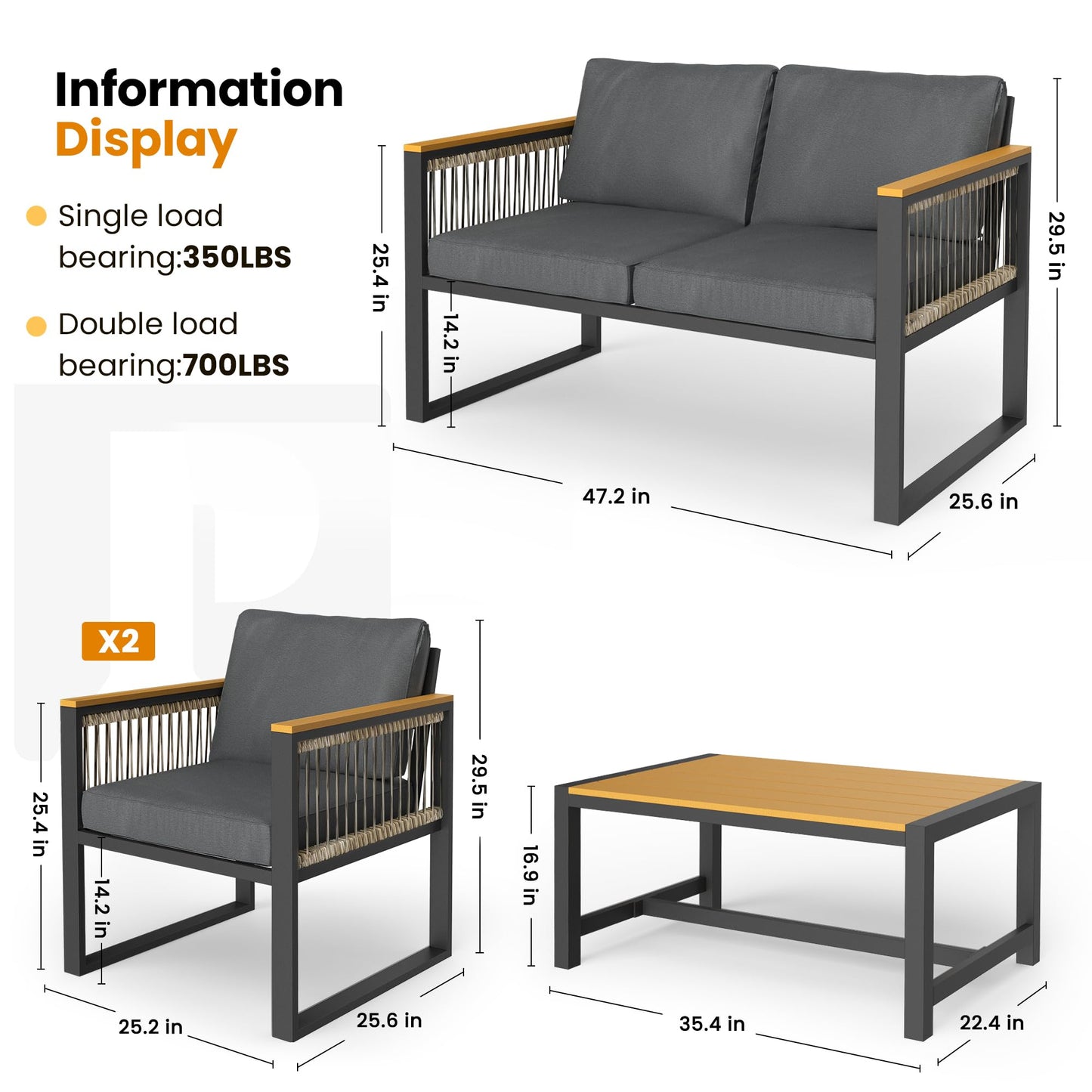 Pamapic 4 Pieces Outdoor Patio Furniture Set with Wicker Handrails, Plastic-Wood Balcony Furniture with Wicker Arm Panel, All-Weather Metal Patio Conversation Sets with Cushion and Coffee Table