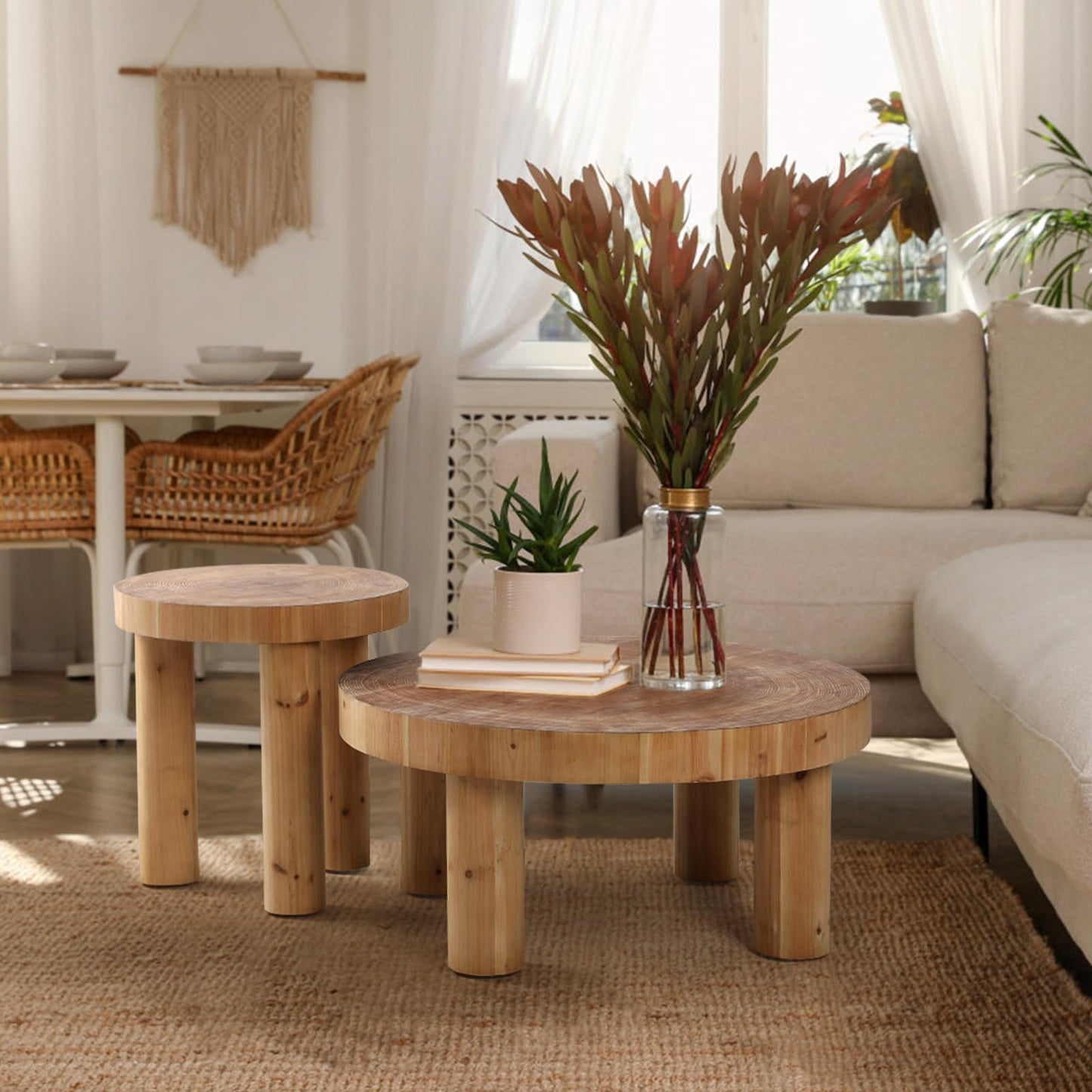 RUSTOWN 2-Piece Round Farmhouse Coffee Table, Rustic Coffee Table Sets, Circle Wooden Ring Finish with Solid Wood Legs, Center Tables Set for Living Room (Natural)