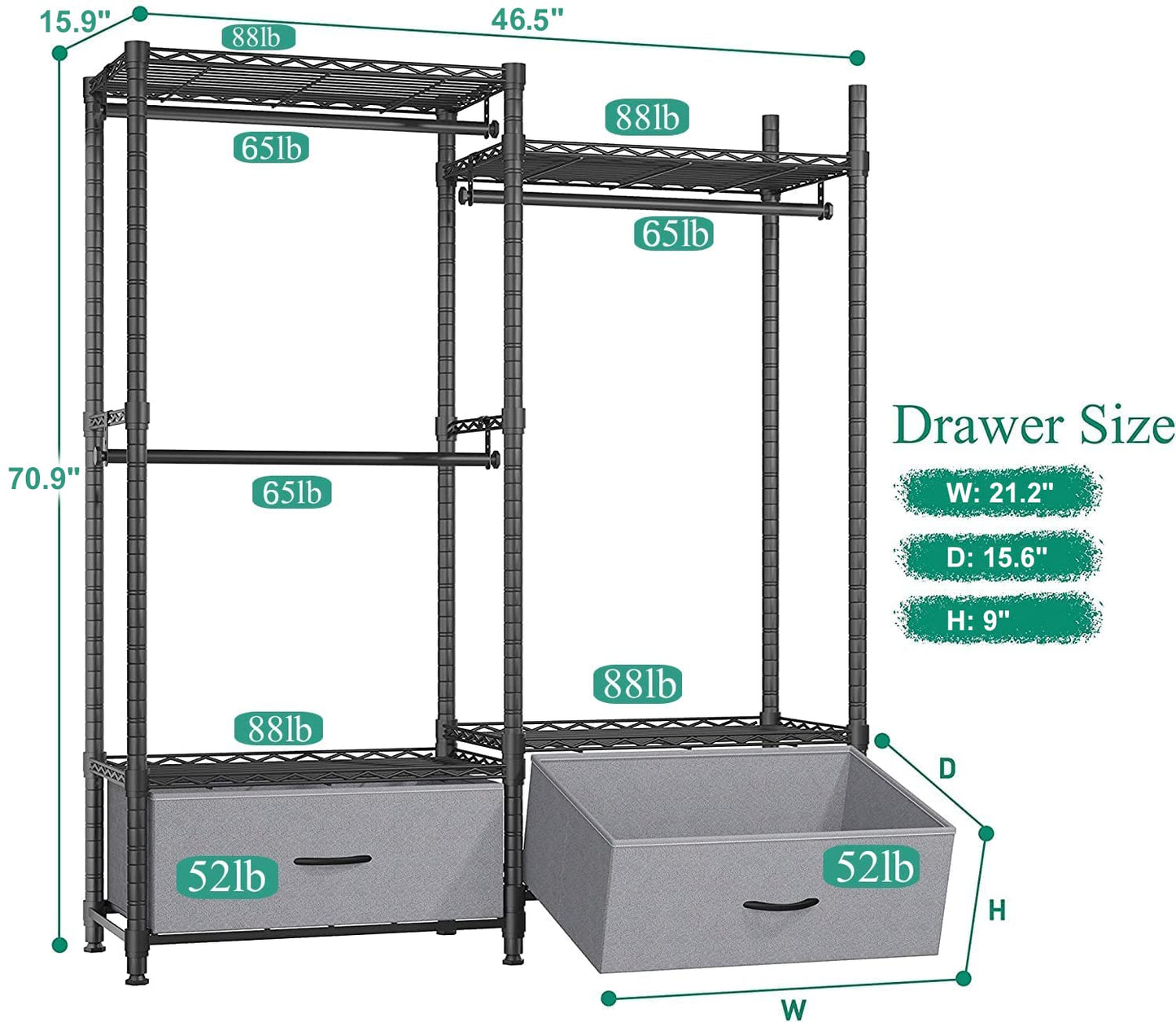 REIBII Heavy Duty Clothes Rack, Adjustable Clothing Racks for Hanging Clothes, Portable Closet with 2 Drawers 3 Hanging Rods Load 650lbs, Black, 15.9" D x 46.5" W x 70.9" H