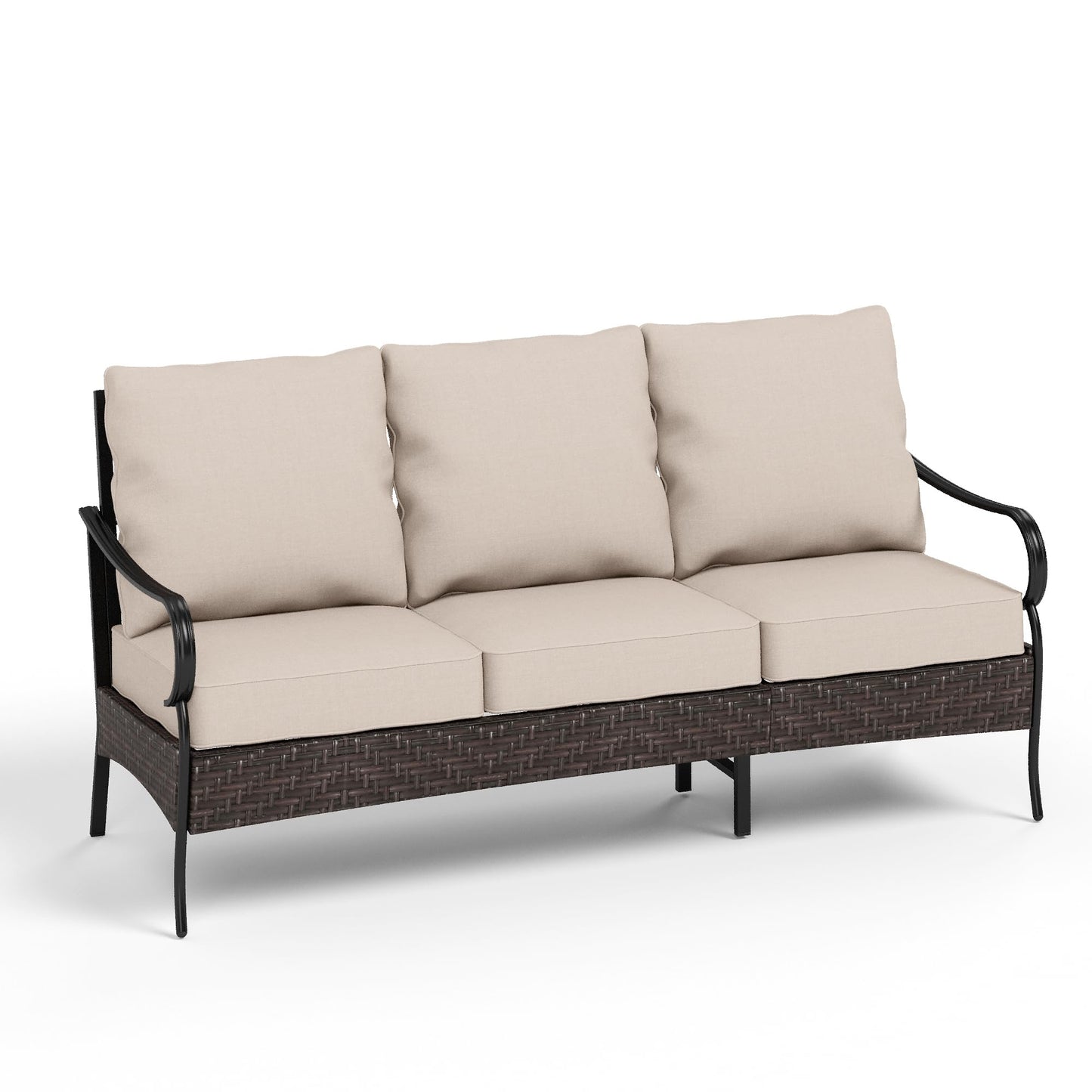 PHI VILLA Wicker & Metal Outdoor Patio Couch,3-Seat Patio Sofa with Deep Seating for Front Porch, Deck, Balcony, Backyard, Sunroom