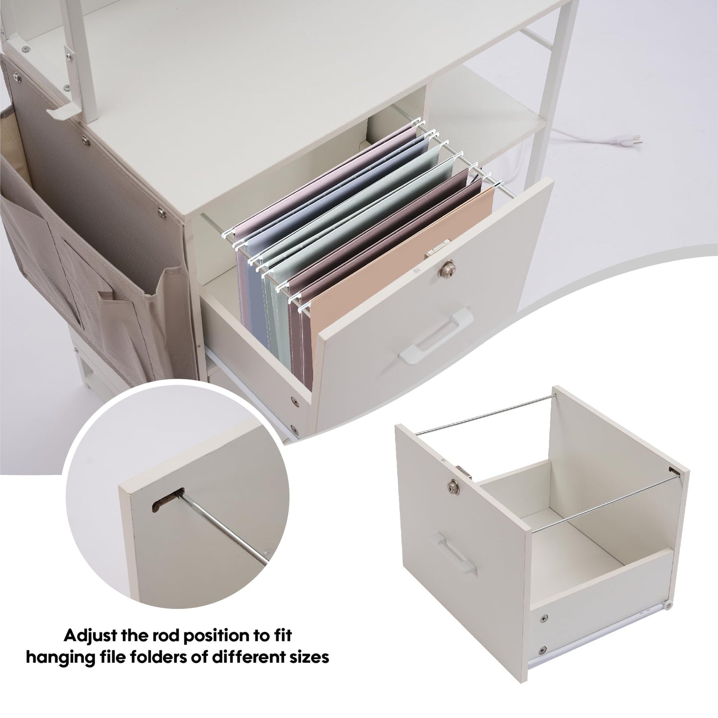 Zethvax Vertical File Cabinet,Filing Cabinet with Shelves,Charging Station,Hanging Pouch and Hooks,Vertical Filing Cabinet Fits Letter/A4/Legal Size (White)