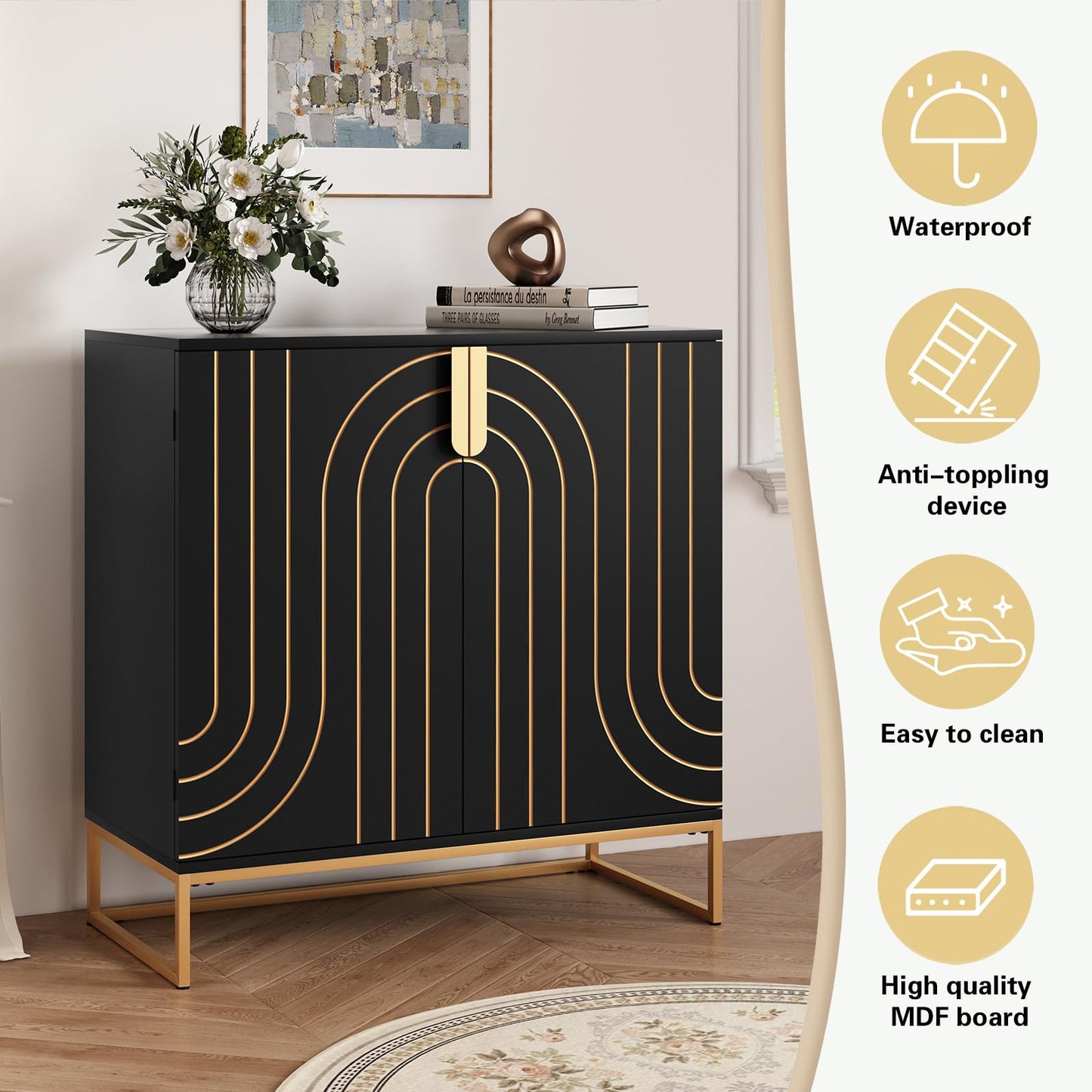 HLR Accent Wood Grain Cabinet with 2 Doors, Storage Cabinet Sideboard with Gold Metal Legs for Living Room,Entryway and Kitchen Dining Room,Black