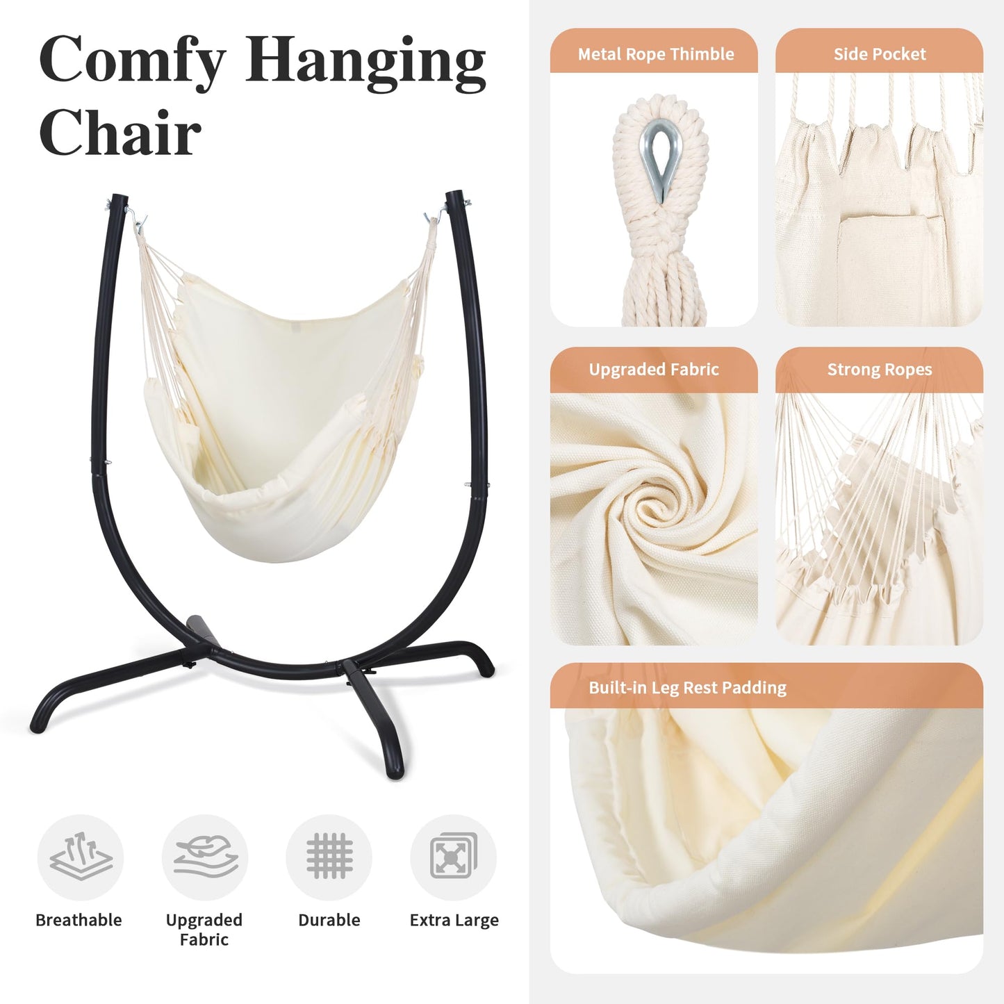 SUNCREAT Indoor Hammock Swing Chair with Stand, Hanging Chair Outdoor with Stand, 330 lbs Capacity, Patent Pending, Beige
