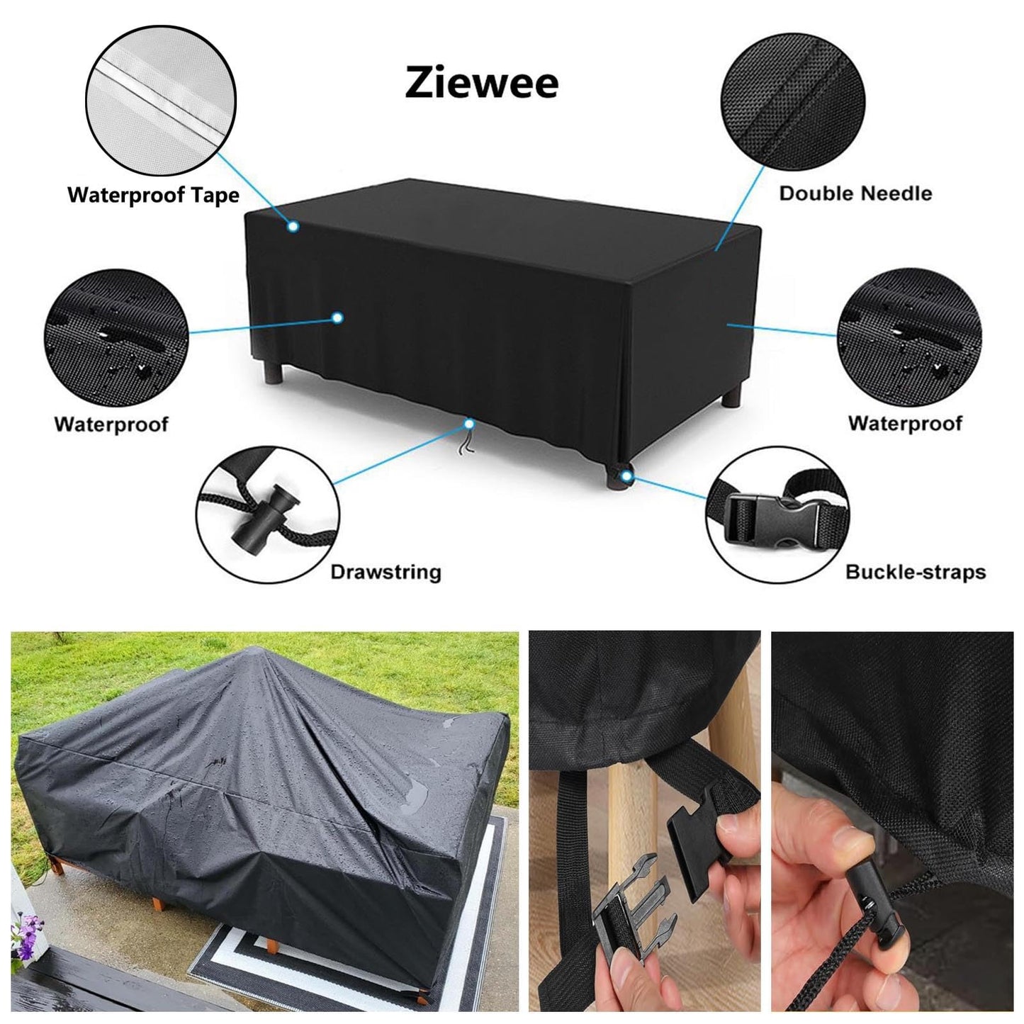 Patio Furniture Covers Outdoor Table Cover Waterproof Rectangular 420D Garden Dining Table Cover Wind Dust Proof Anti-UV Patio Sectional Couch Cover Table and Chair Set Covers 74"Lx47"Wx28"H Black