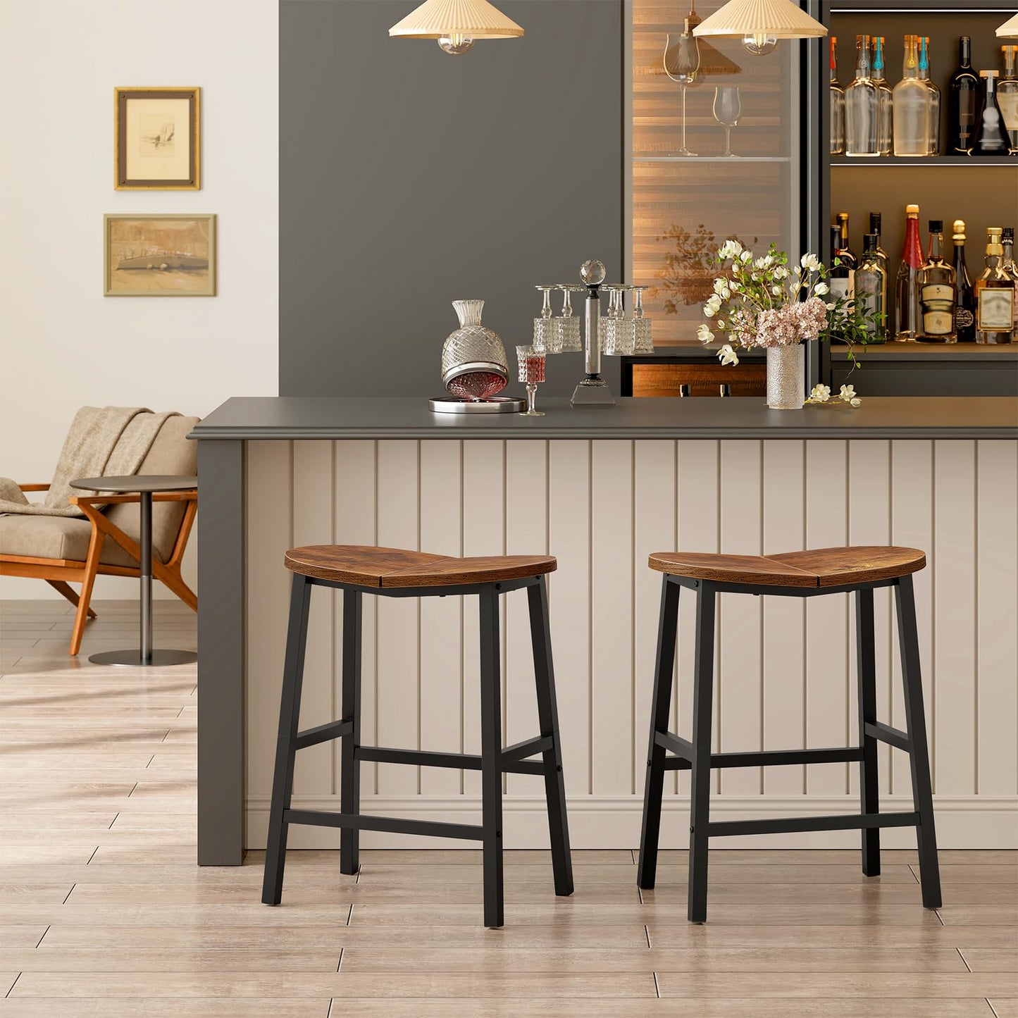 HOOBRO Bar Stools, Set of 2 Bar Chairs, 23.6 Inch Barstools for Kitchen Counter, Counter Height Bar Stools, Kitchen Stools with Footrests, for Dining Room, Rustic Brown and Black BF57MDP201