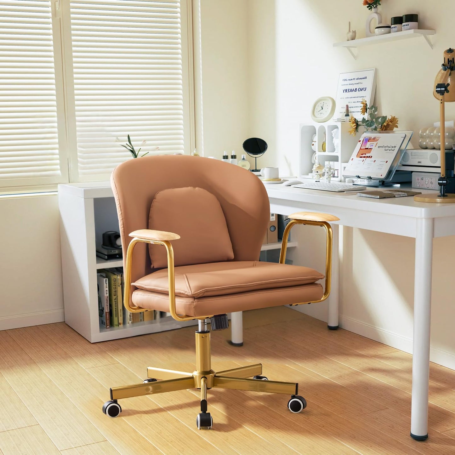 Furniliving Leather Home Office Desk Chairs，Comfy Office Chair, Adjustable Swivel Vanity Chair with Golden Legs and Wooden Padded Armrest, Modern Upholstered Task Chair with Wheels,Brown