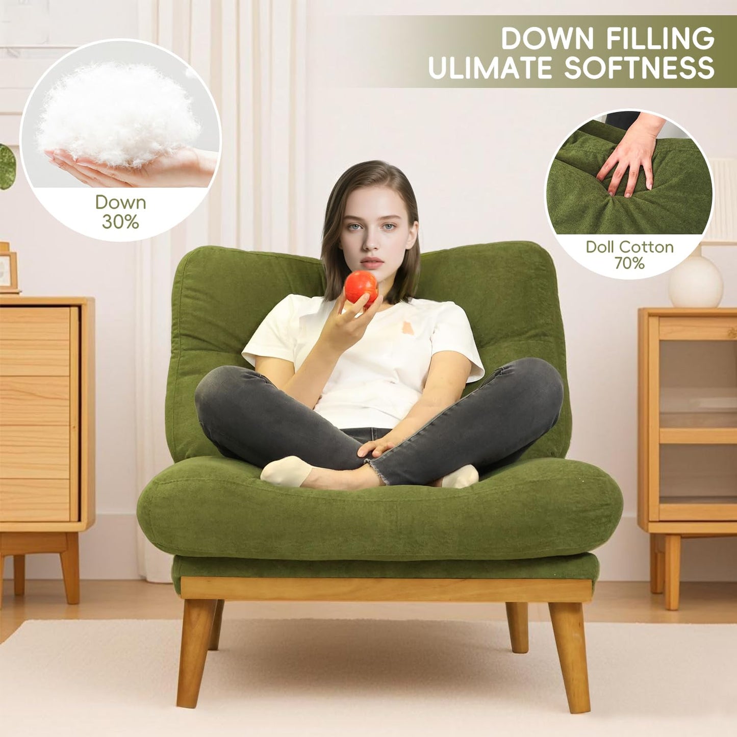 Modern Accent Chair with Ottoman - Cloud-Like Down-Filled Recliner, Adjustable Backrest Lounge Chair with Solid Wood Frame, Sherpa Fabric & Overstuffed Puffy Cushion for Living Room (Grass Green)