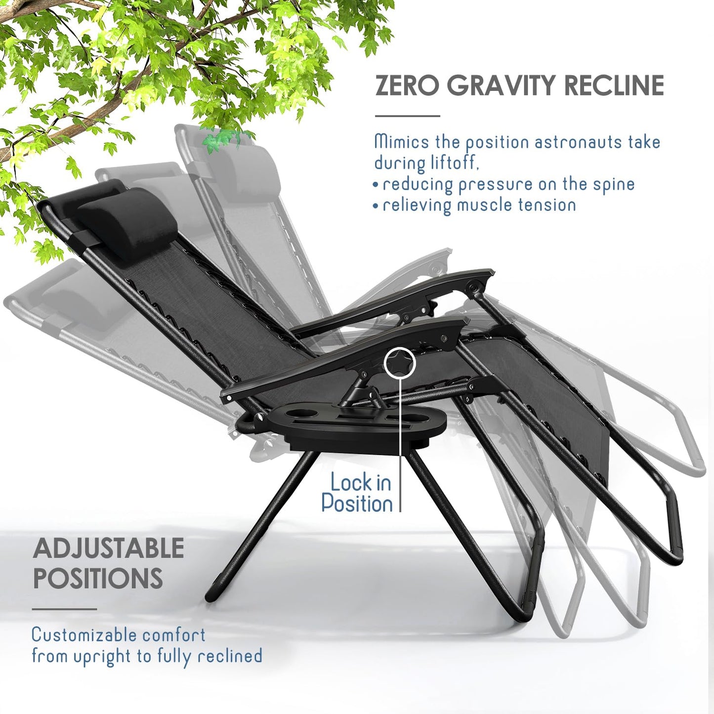 Nestl Zero Gravity Chairs Set of 2, Patio Lounge Chair Outdoor with Pillows & Cup Holder Trays, Adjustable Steel Mesh Reclining Camping Chair, Folding Patio Lawn Chair for Deck, Beach, Yard - Black