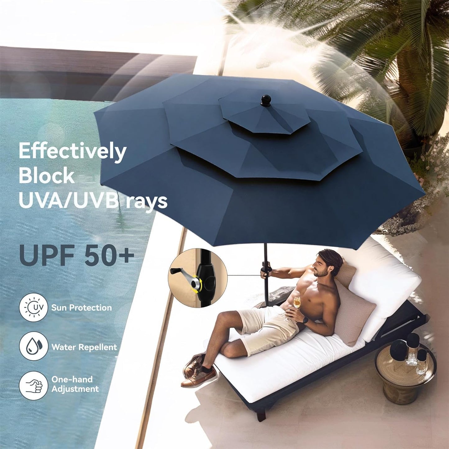PHI VILLA 5 Piece Outdoor Dining Set with Umbrella, 37" Square Metal Dining Table & Cushioned Rattan Chairs with 10ft Blue Umbrella for Patio, Deck, Yard, Porch