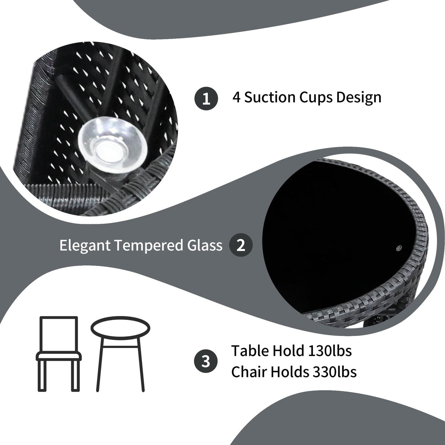 TWT 3 Pieces Fully Assembled Aluminum Outdoor Patio Bistro Set All-Weather Wicker Patio Furniture with Tempered Glass Table & Patio Chairs for Poolside Porch Deck Apartment Black
