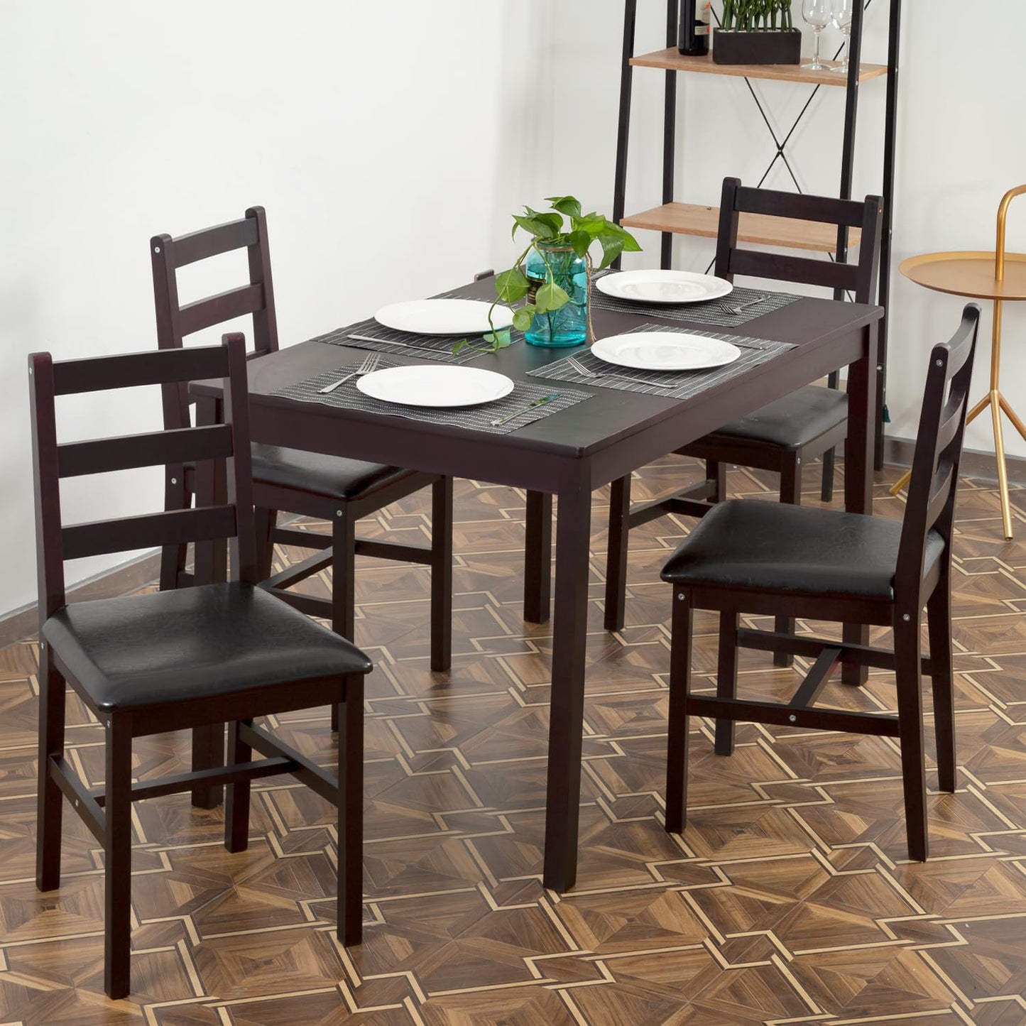 FDW | 5-Piece Solid Wood Dining Table Set for 4 | Pine Kitchen Table with Upholstered Chairs | Space-Saving Design | Smooth Easy-to-Clean Surface | Brown | for Dining Room, Apartment, Restaurant