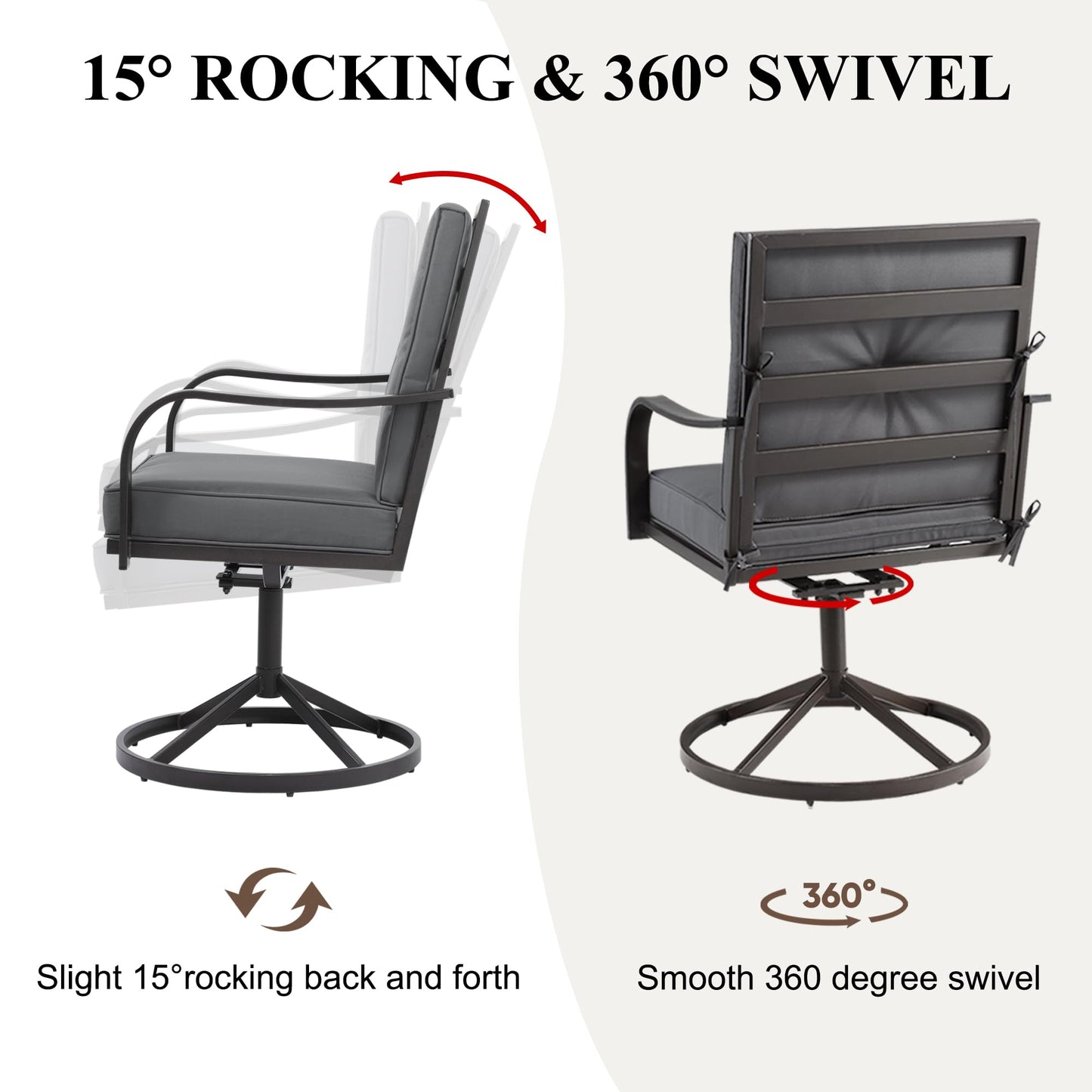 GOOGIC Patio Swivel Chair Set of 2,Heavy Duty Outdoor Dining Chairs with Thickened Cushions,Metal Patio Chairs Gentle Rocker for Outside,Garden Lawn & Porch Backyard, Grey