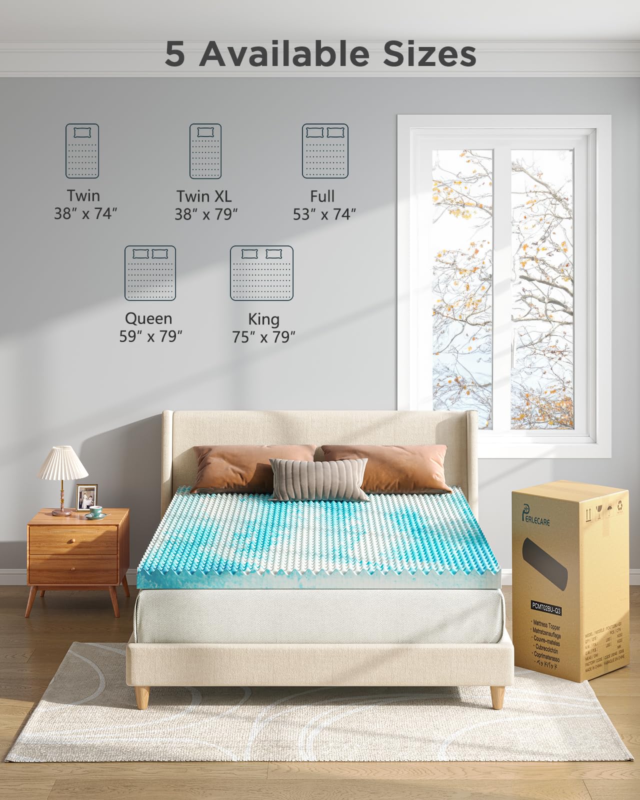 PERLECARE 3 Inch Egg Crate Memory Foam Mattress Topper Queen Size, Pressure Relief & Cooling Gel Infused Mattress Pad, Soft & Ventilated Design Bed Topper, CertiPUR-US Certified, Blue