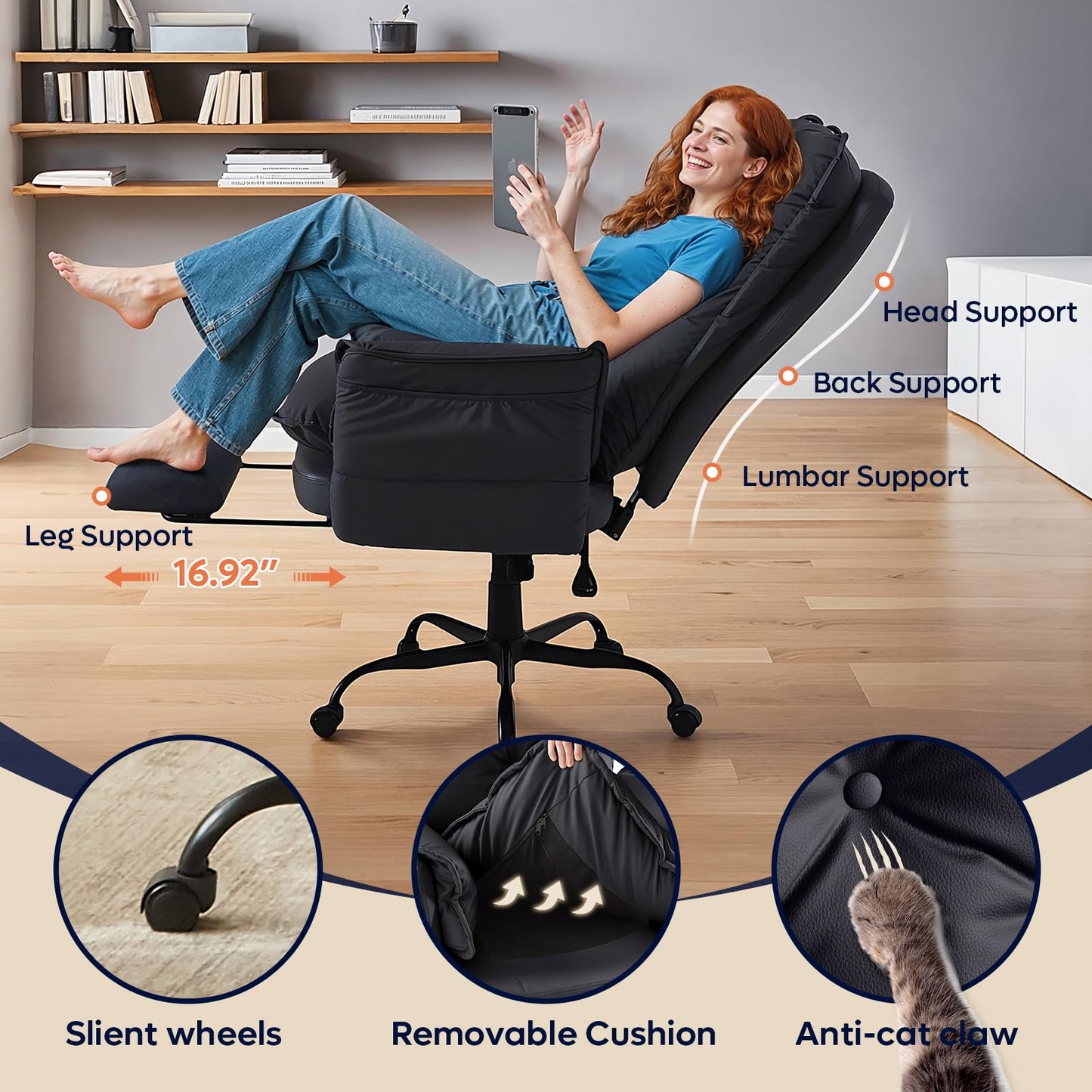 Bestier Cross Legged Office Chair with Footrest, High Back Criss Cross Chair with Reversible Armrests and Wheels, Big and Tall Reclining Office Chair for Home (Black, PU Leather)