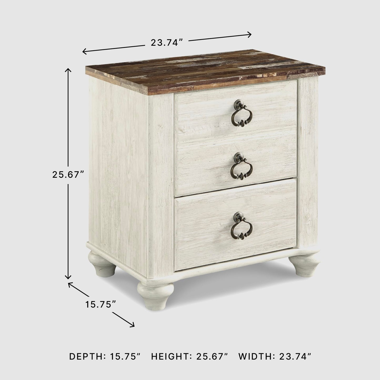 Signature Design by Ashley Willowton Farmhouse 2 Drawer Nightstand with USB Charging Ports, 25.67" Tall, Whitewash