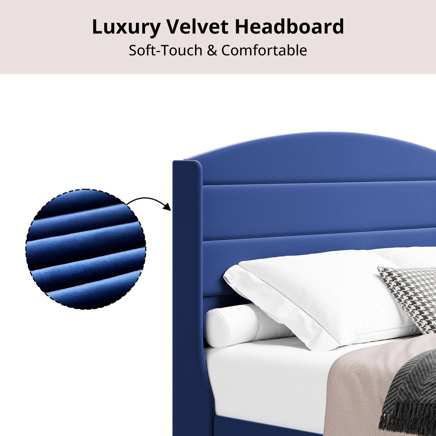 Cozy Castle Queen Size Bed Frame 50.4" High Wingback Headboard Velvet Upholstered Bed/No Box Spring Required/Wood Slat Support/Easy Assembly (Navy Blue)