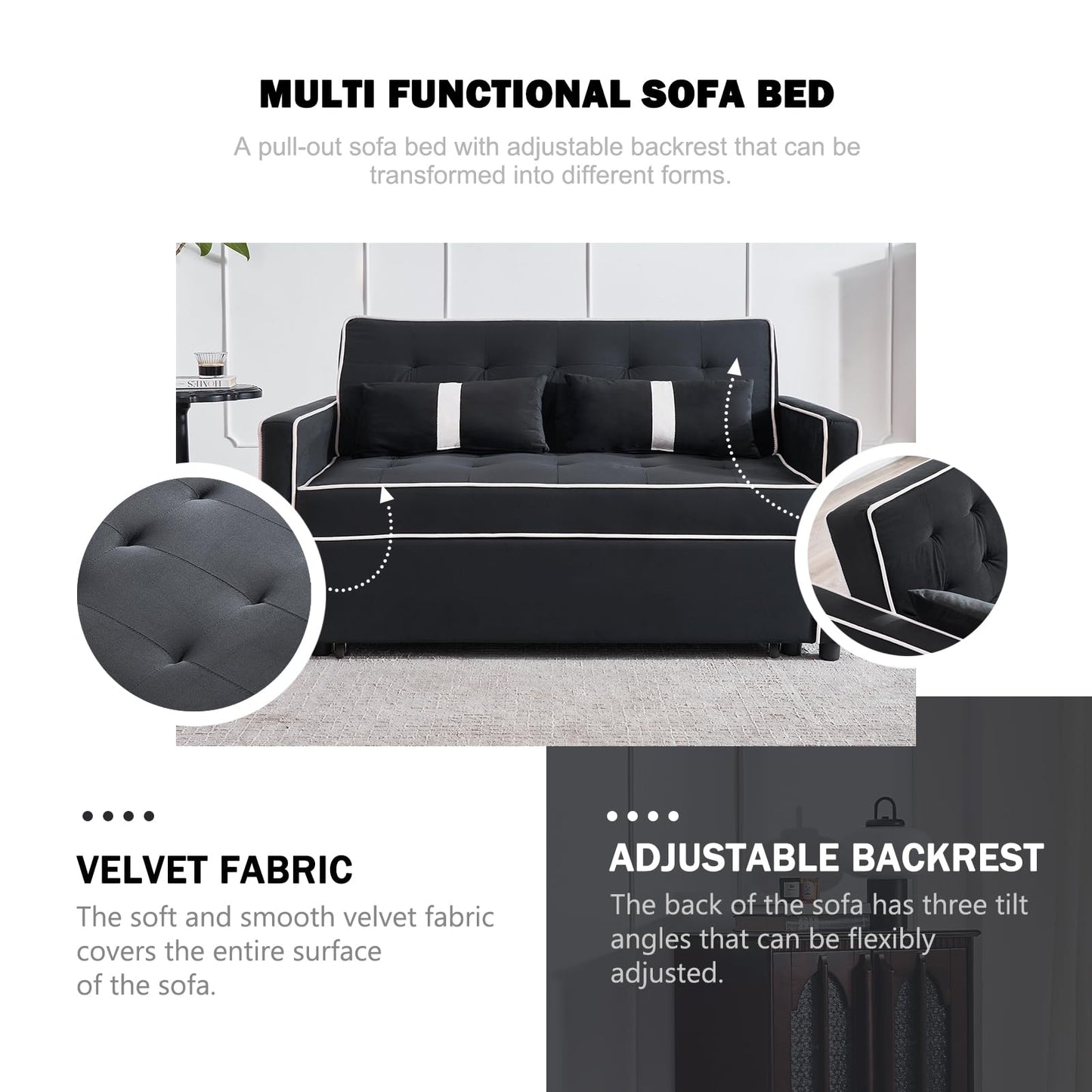 ECHINGLE 3 in 1 Sofa Bed Couch, Pull Out Sofa Bed with Adjustable Backrest, Sleeper Sofa for Living Room, Home or Office - Includes 2 Pockets and 2 Pillows,54.5"（Black）