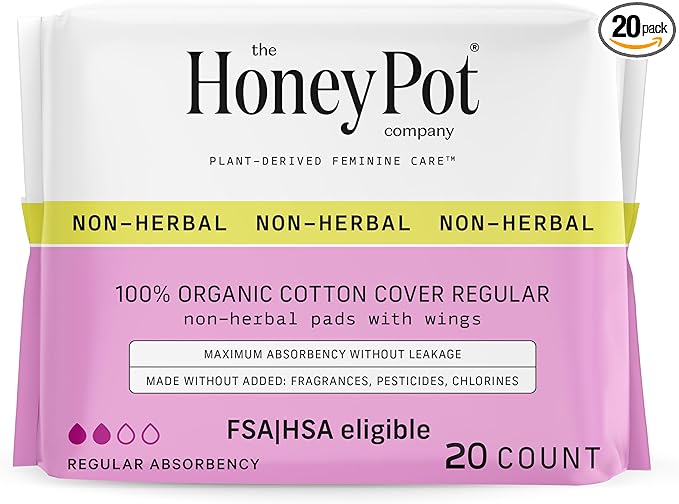 The Honey Pot Company - Sanitary Pads for Women - Non-Herbal Regular Flow w/Wings - Organic Cotton Cover & Ultra-Absorbent Pulp Core - Feminine Care - FSA & HSA Eligible - 20 ct