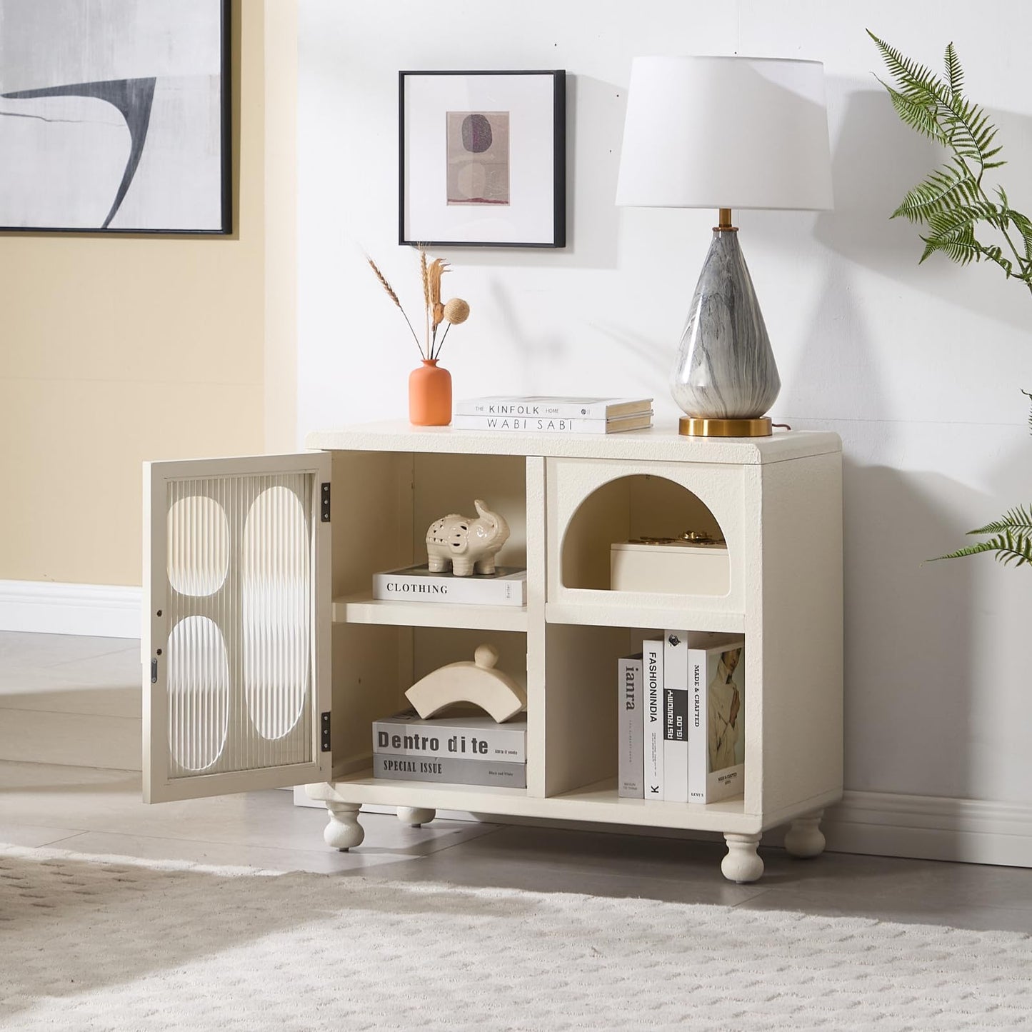DUOMAY Hollow Display Cabinet with Glass Doors, 31.5" Wide Shallow Sideboard with Irregular Door & 1 Shelve Accent Wood Buffet Cabinet with Storage for Hallway Small Spaces, White