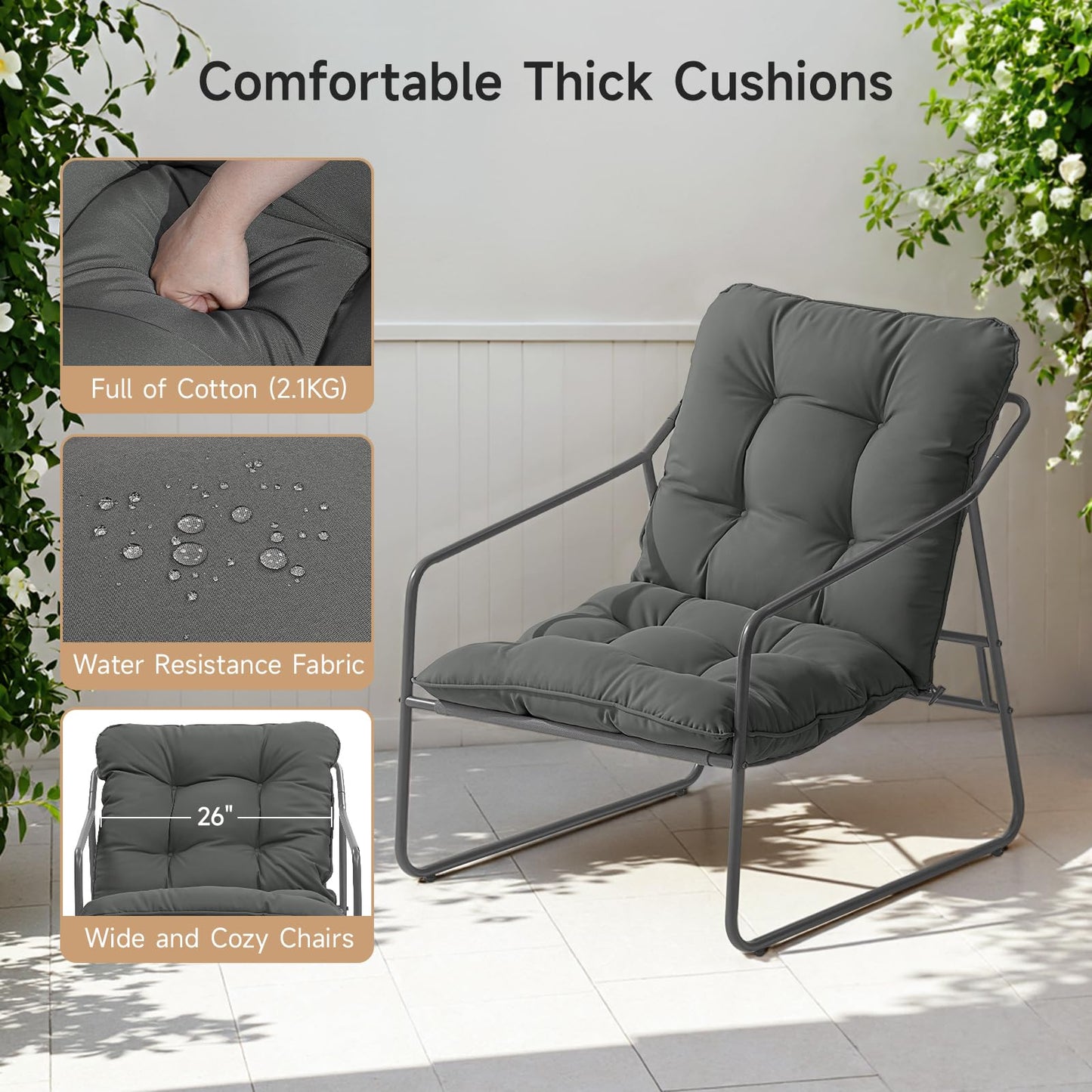 ONBRILL 3 Pieces Patio Furniture Set, Outdoor Conversation Set with 2 Outdoor Chairs and Coffee Table, Outdoor Furniture for Porch Garden Poolside Balcony Backyard, Grey