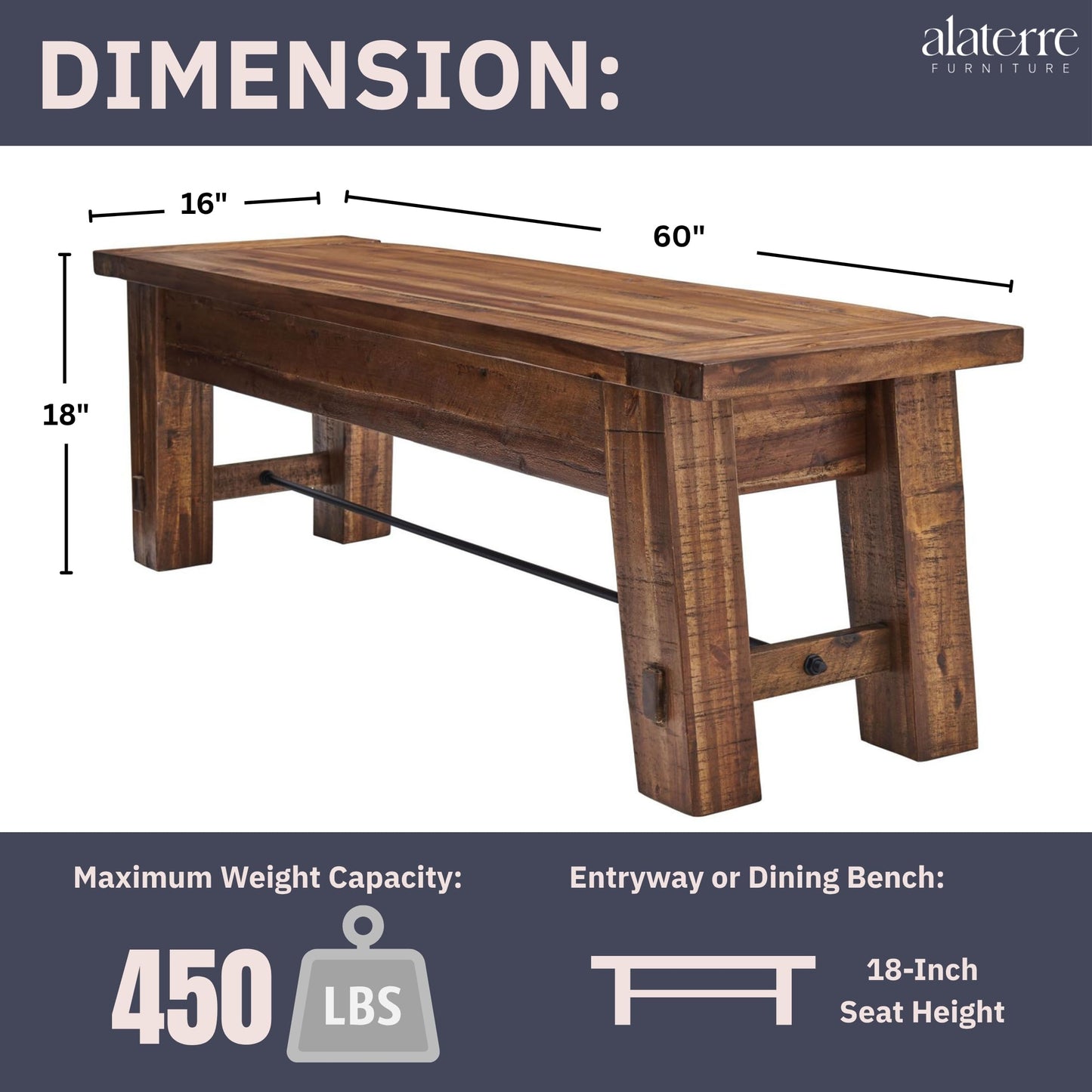 Durango Rustic Farmhouse Style 60-Inch Wood Bench - Industrial Modern Accent Furniture with Solid Wood Seat for Entryway, Dining Room, Hallway, Foyer, or Kitchen by Alaterre Furniture