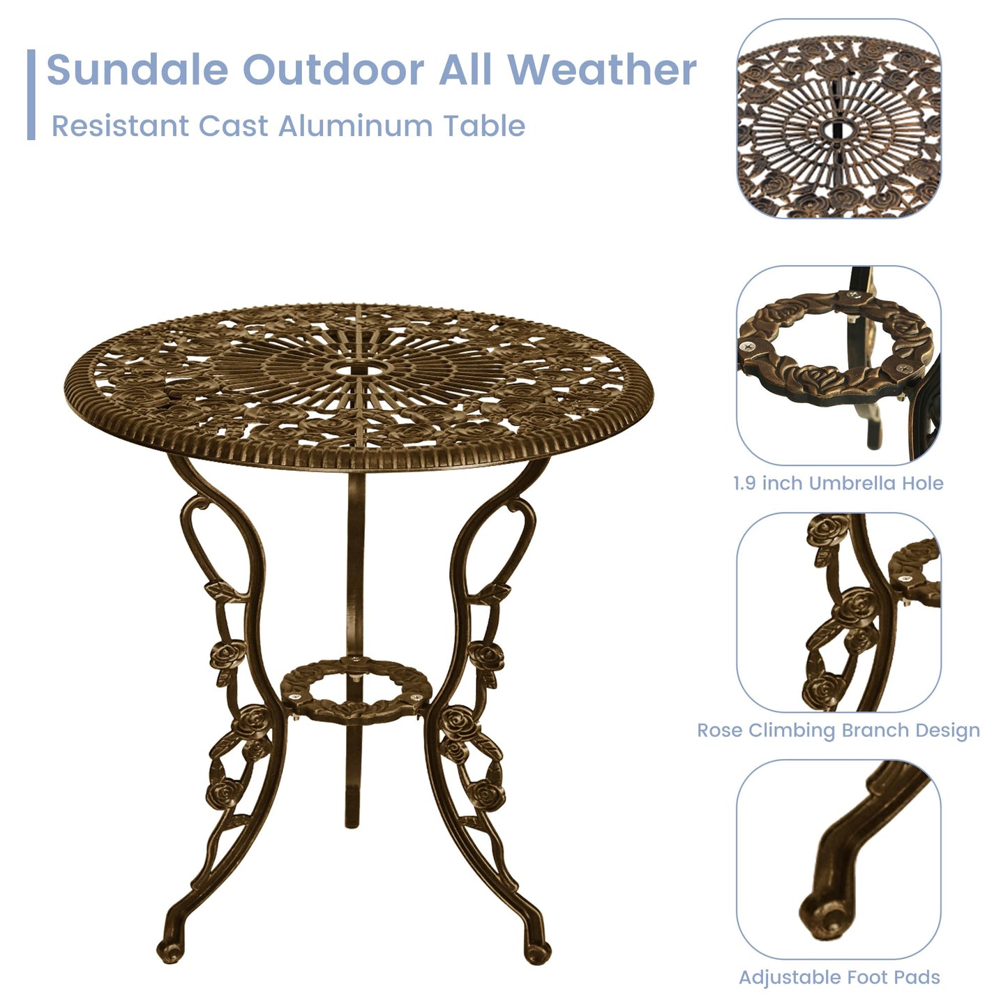 Aura Outdoor 3 Piece Patio Bistro Table Set, Outdoor Stylish Rose Flower Bistro Set with Umbrella Hole, Small Cast Aluminum Table and Chairs Set for Balcony Furniture, Dark Bronze