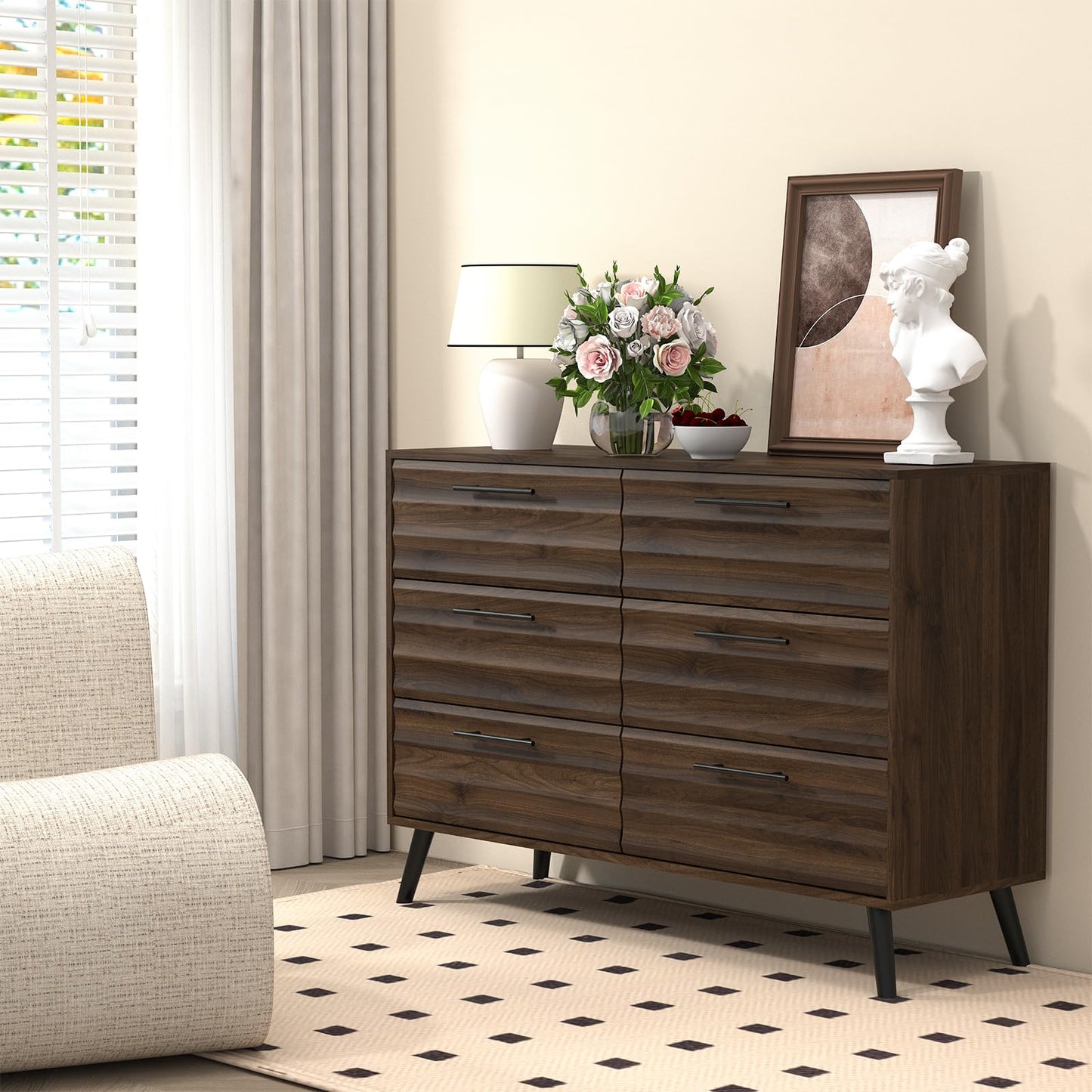 RQZ 6 Drawers Dresser for Bedroom, Walnut Chest of Drawers with Large Storage Capacity, Wooden Storage Dresser Organizer for Bedroom Nursery Living Room Hallway Closet (6-Drawer)