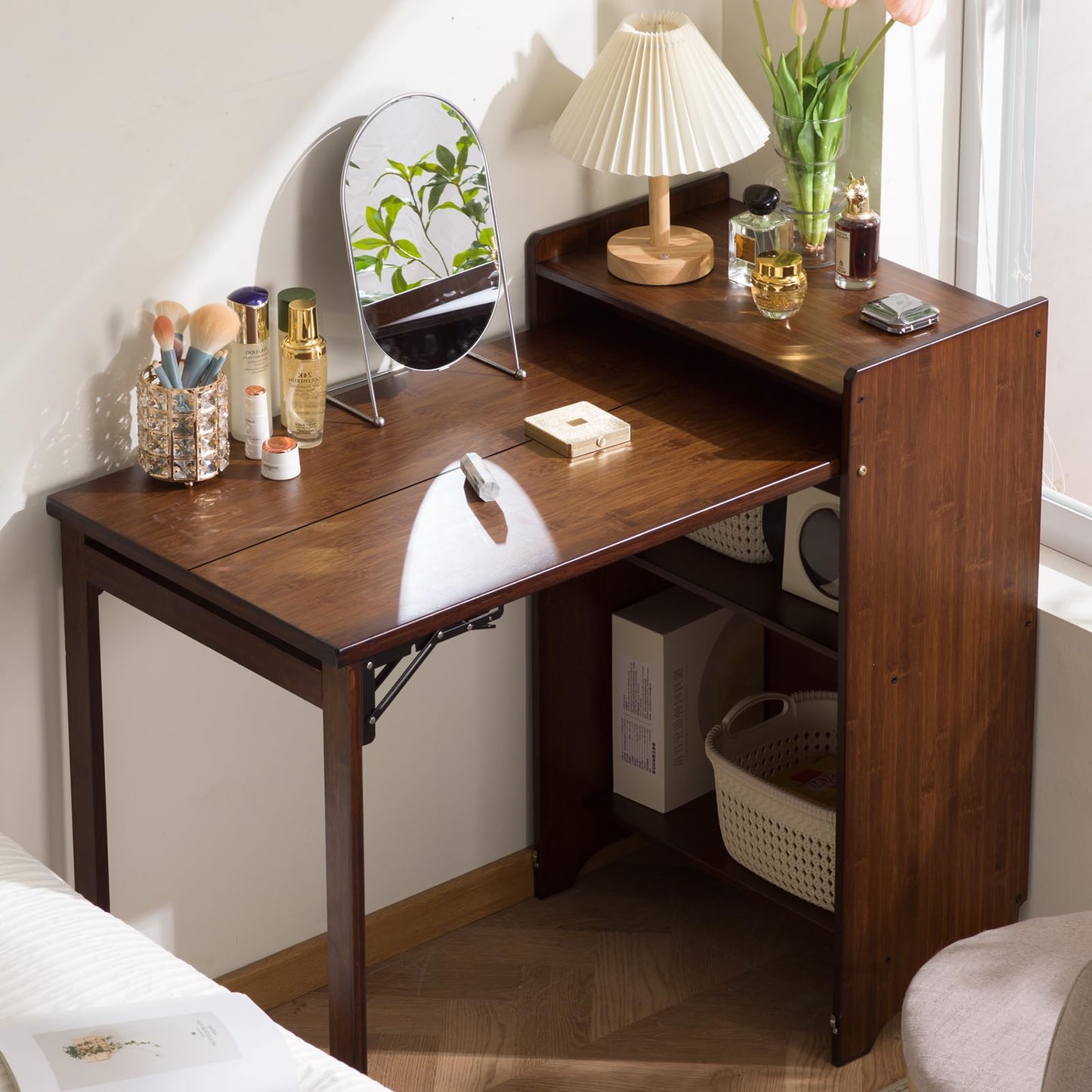 Usofhaus Bamboo Folding Desk with Storage, Space-Saving Foldable Computer Desk for Small Spaces, Writing Study Table for Home Office, Bedroom, Dorm, Apartment,Dark Brown