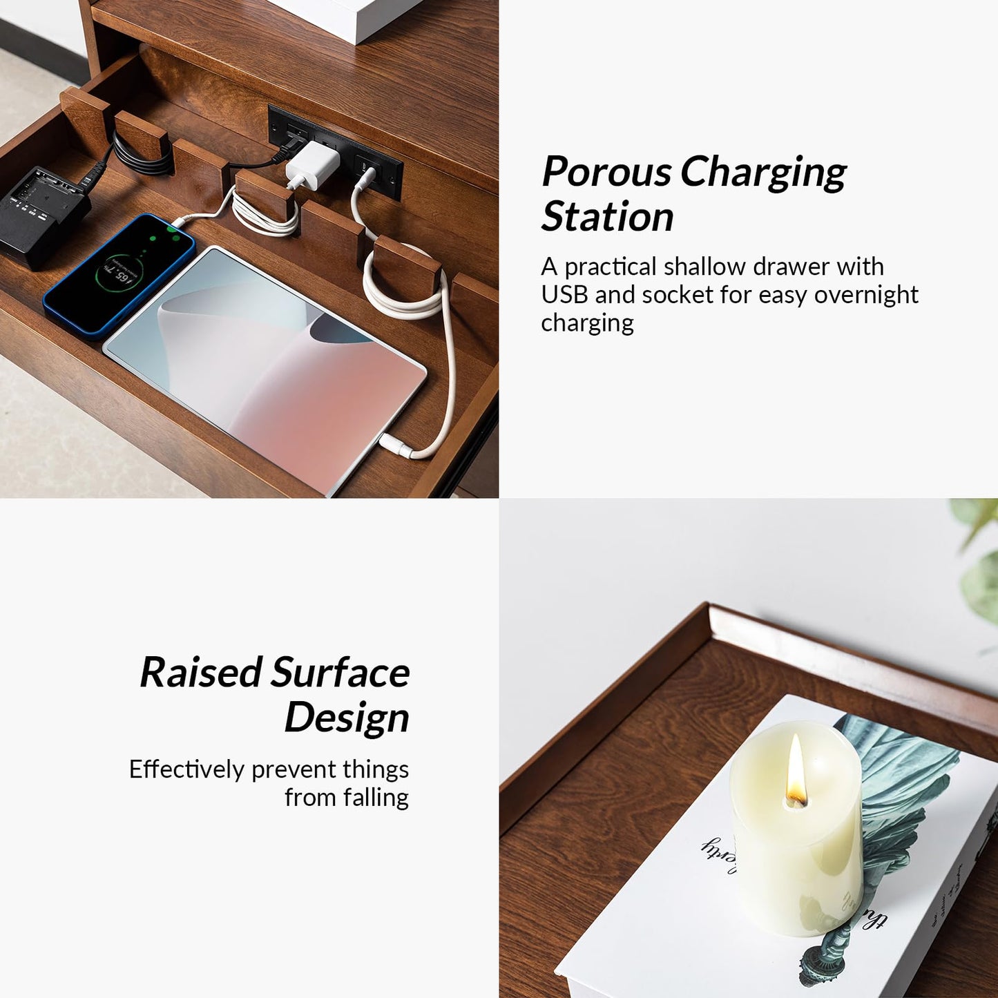 HULALA HOME 2 Drawer Nightstand with Charging Station, Mid-Century Modern Bedside Tables with Wood Legs, Wood Night Stand with Pull-Out Shelf, Walnut