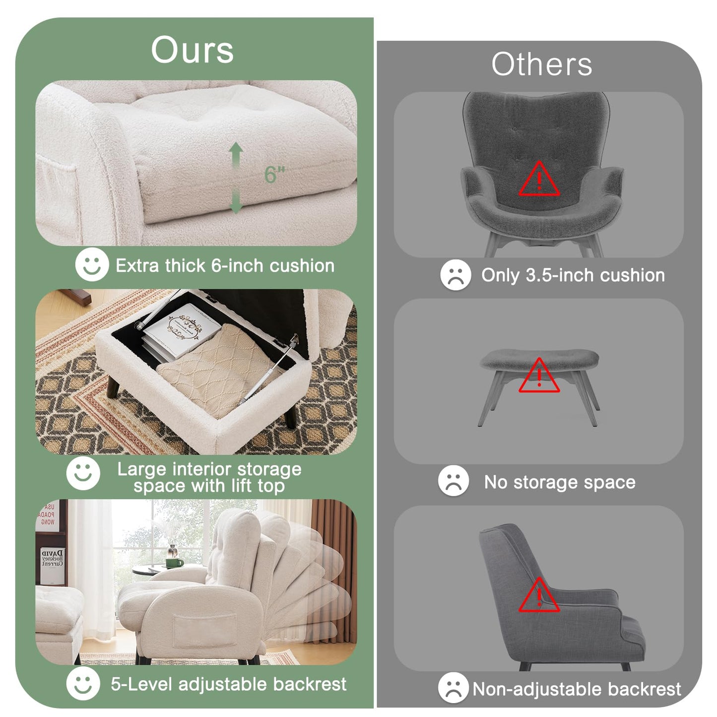ELUCHANG Accent Chairs with Ottoman, Upholstered Comfy Armchair with Adjustable Backrest&Storage Footrest, Lazy Chair Reading Chair Leisure Sofa Recliner for Living Room Bedroom (White - Teddy Fabric)
