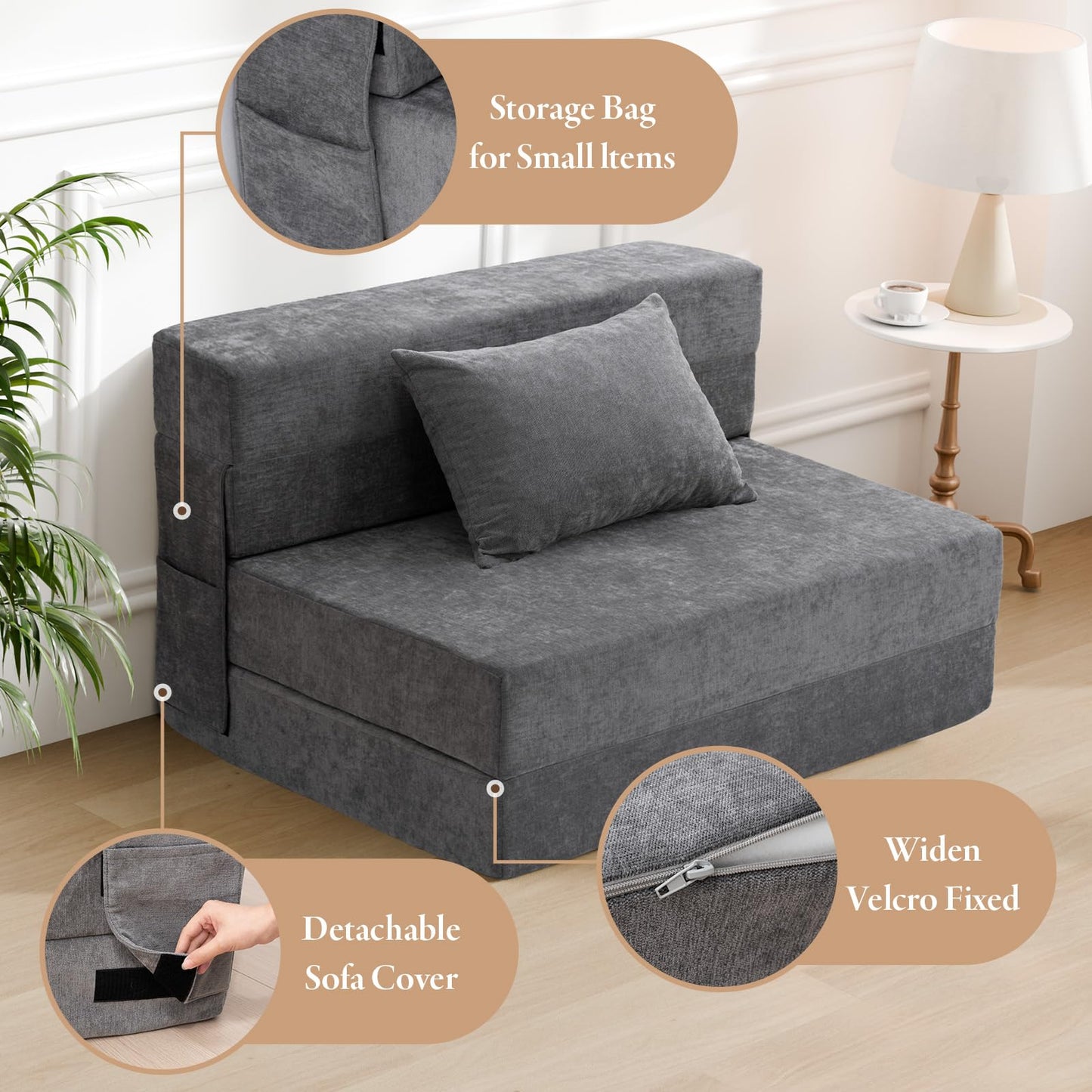 HOMFINE Folding Sofa Bed - Convertible Sleeper Chair with Pillow, Fold Out Couch, Foam Floor Mattress, Futon Couch, Lazy Sofa for Living Room/Dorm/Guest Room/Home Office, Twin, Gray